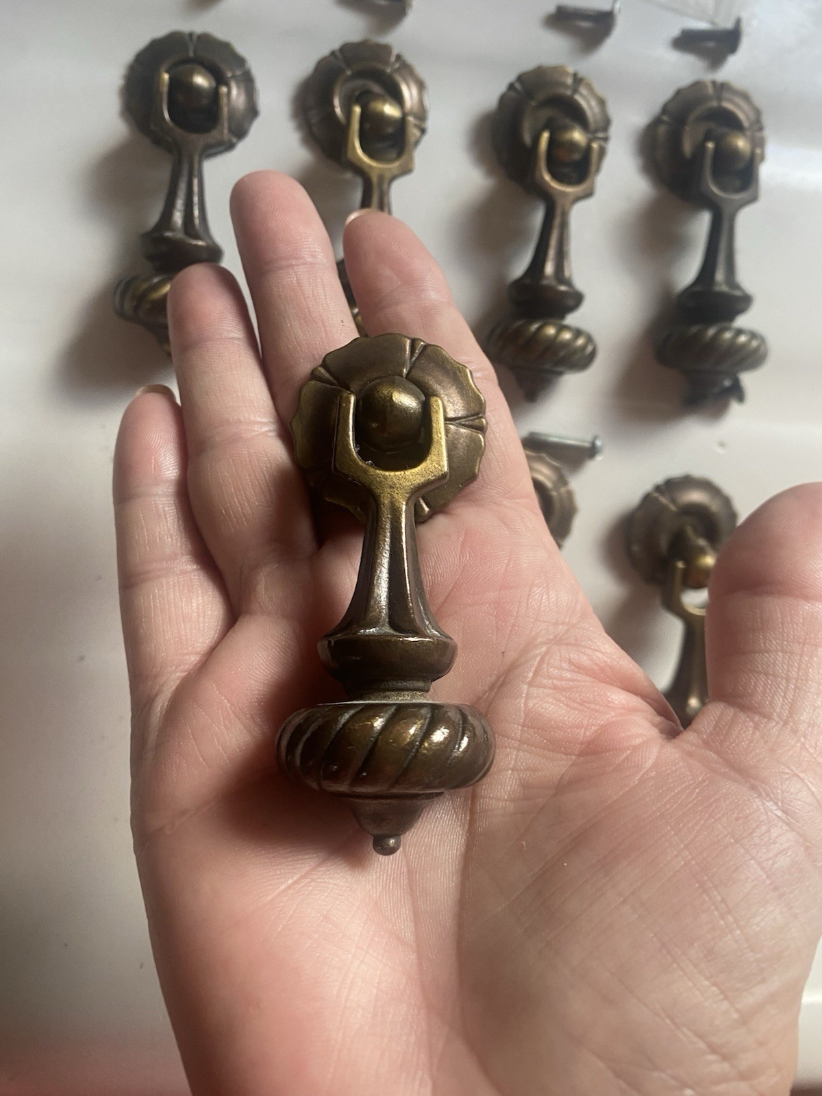 8 VTG Drexel Esperanto Antique Brass Drop Drawer Pulls W/Screws