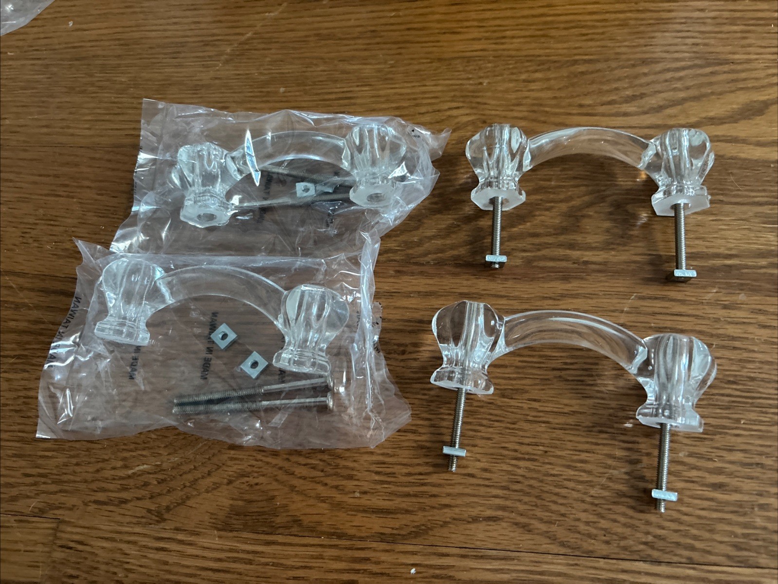 Hexagon Curved Clear Glass Drawer Handles Pulls 3” Centers Screws Set of 4 New