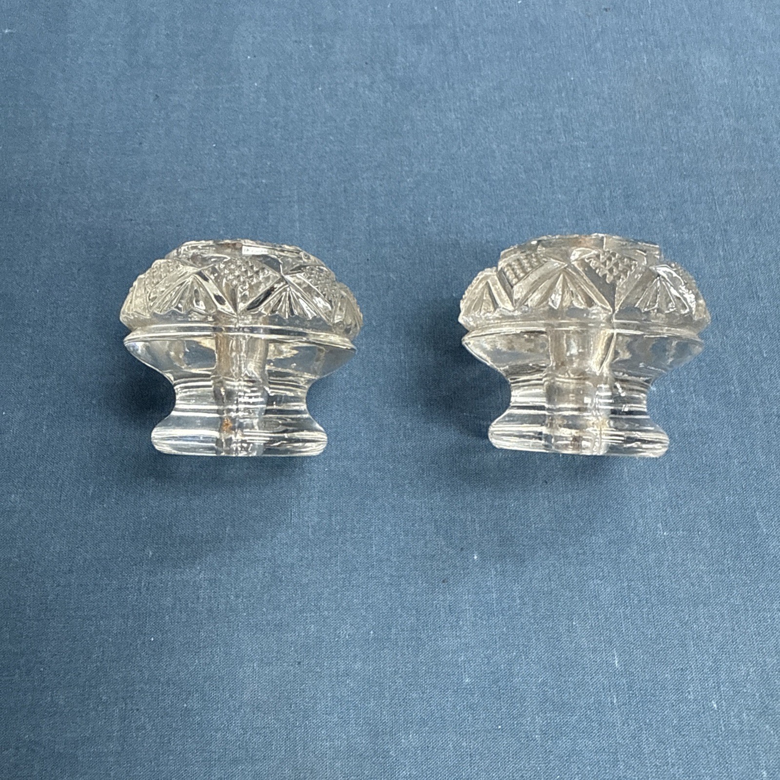 2 Antique Pressed Clear Glass Sandwich Drawer Pulls 1 3/4″ Original Posts