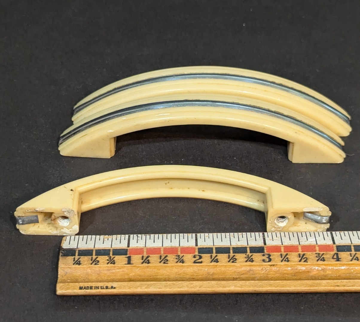 3 Art Deco Ivory Cream Color Plastic Drawer Cabinet Pulls with Chrome Strip