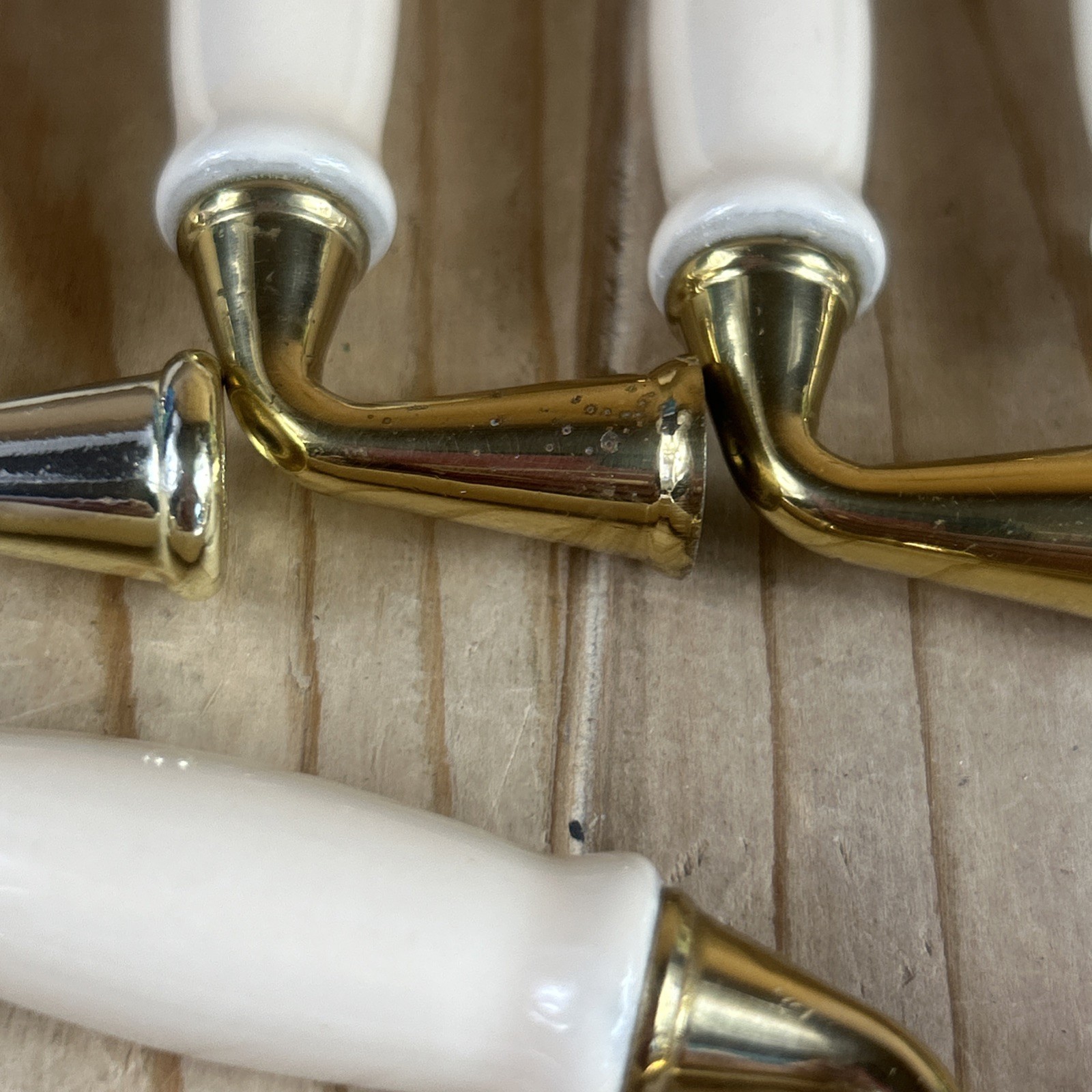 Vintage Drawer Pulls Cabinet Handles Set of 12 Beige Ceramic Center 3.5” Brass