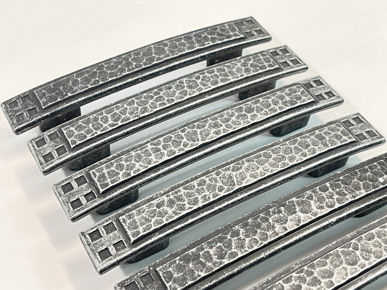 Set Of 8 – Keeler Brass Company Vintage Drawer Pulls, Brutalist Hammered Pewter