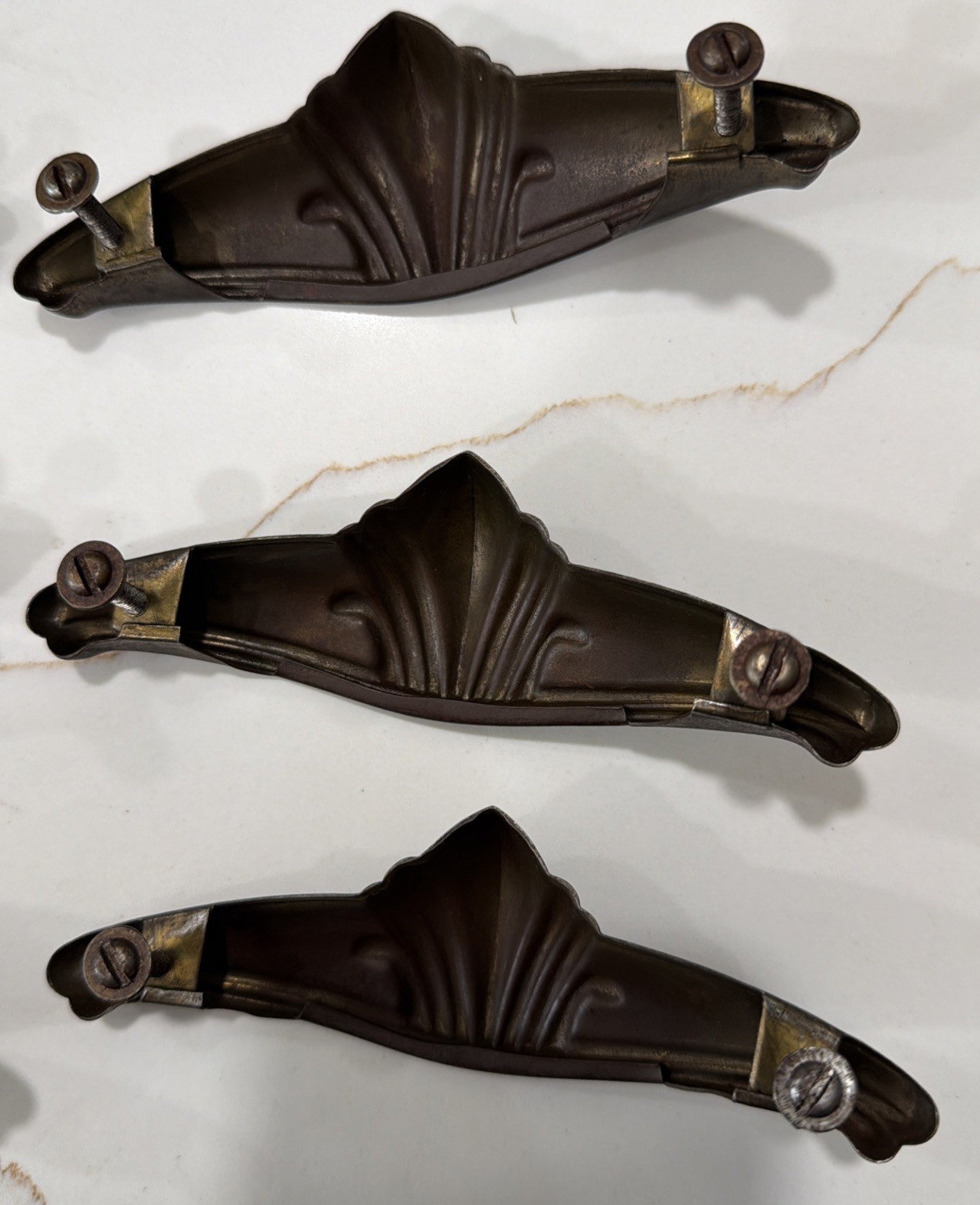 Set of 6 Vintage Art Deco Drawer Pull Handles Copper/Bronze Tone Stamped Steel