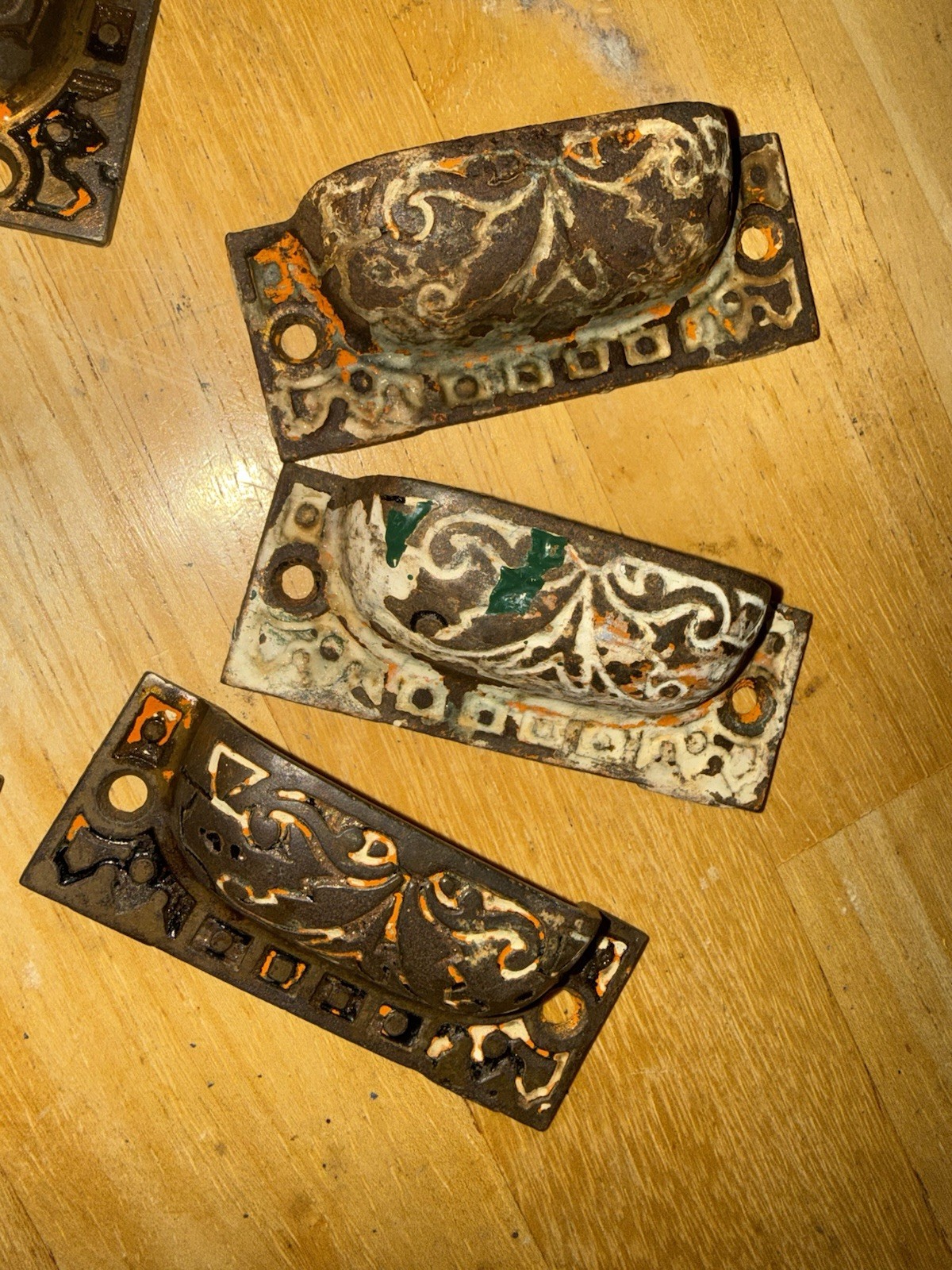 8 vintage VICTORIAN Art NOUVEAU cast IRON Eastlake CABINET drawer PULLS handles