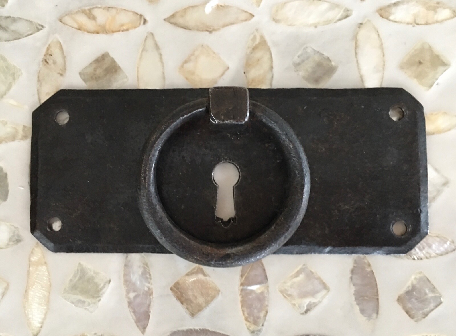 Vintage French Drawer Metal Hardware Drop Ring Pull Keyhole Cover Plate Salvage