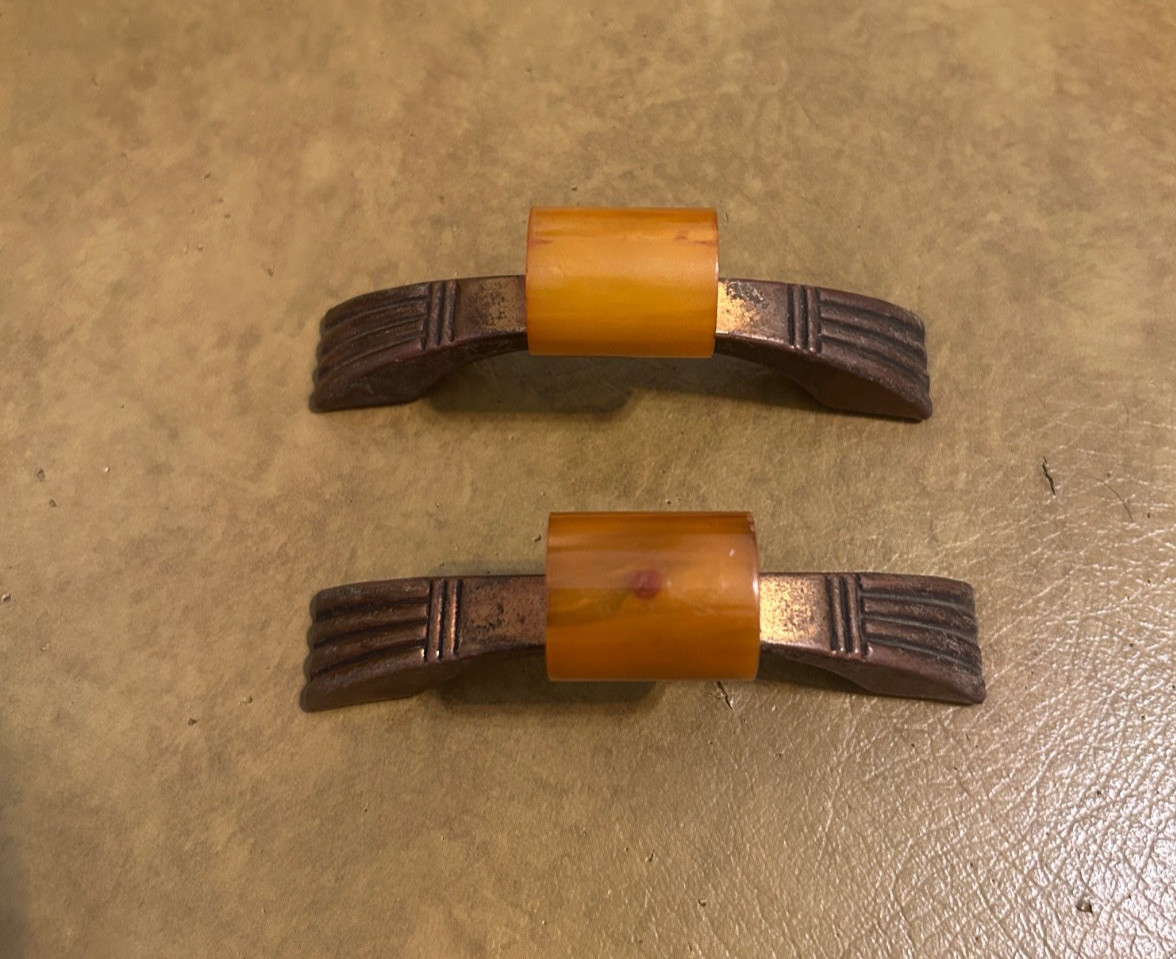 Vintage Art Deco Brass Drawer Pulls w/ Butterscotch Bakelite 4″ Set of 2