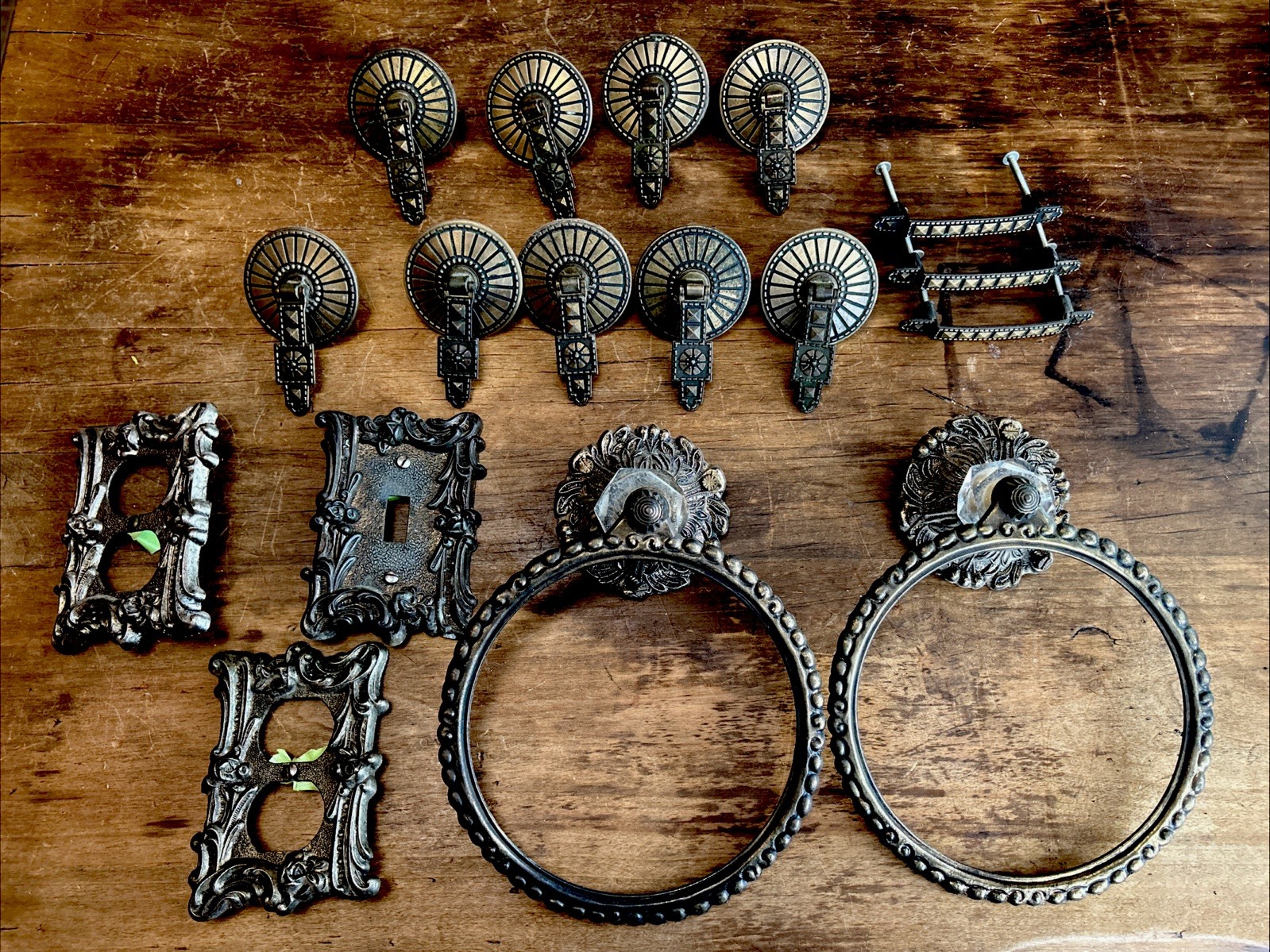 Vintage Hyer & Edmar Ornate Cabinet Pulls, Plate Covers & Towel Rings Lot of 17