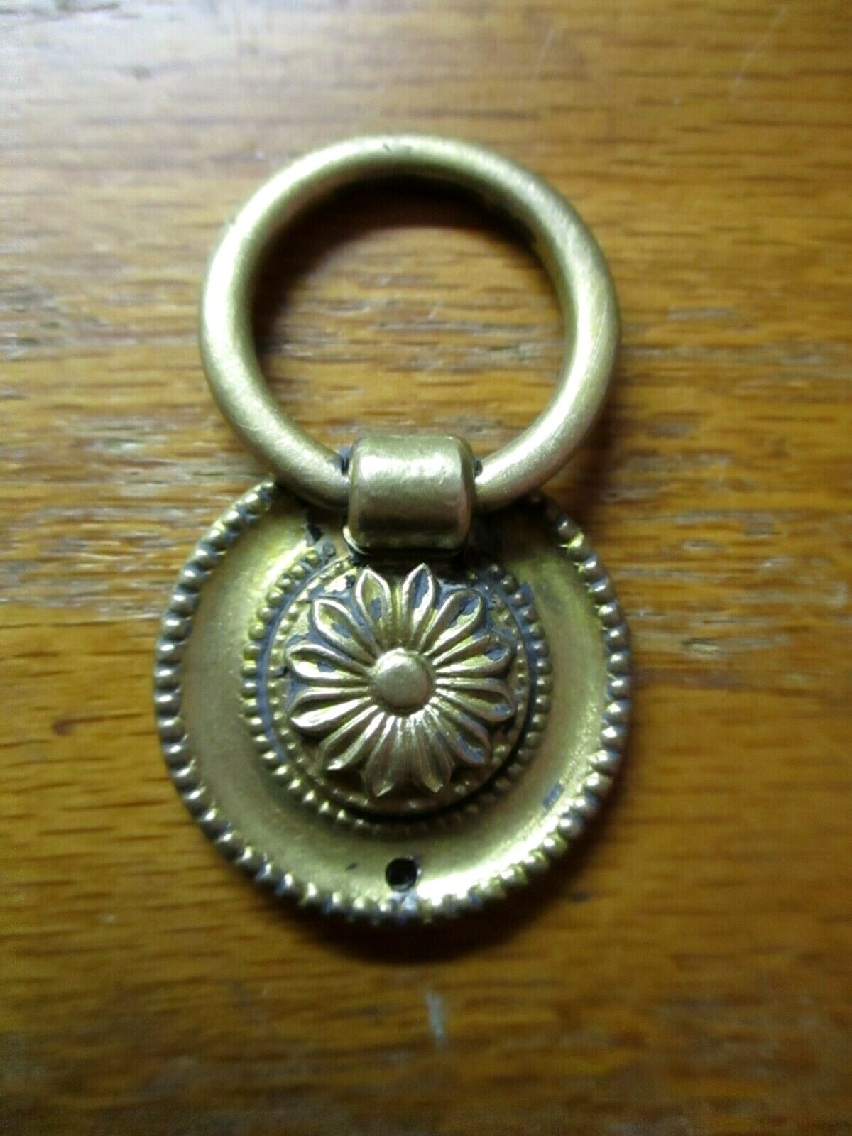 Solid Cast Brass 1850s Floral Drop Ring Pull Handle Flower 1-1/4″ Round Antique