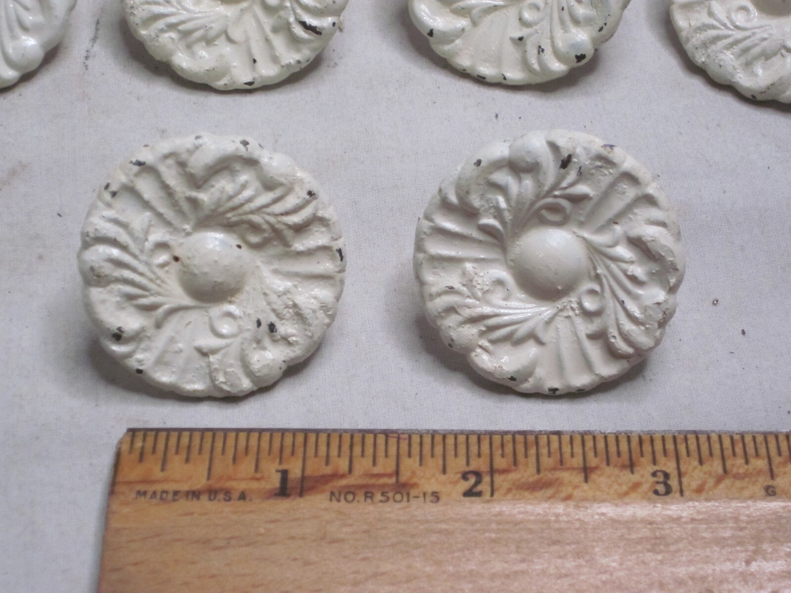 6 vintage ornate round pull knobs metal knob marked 250 Japan architectural hook