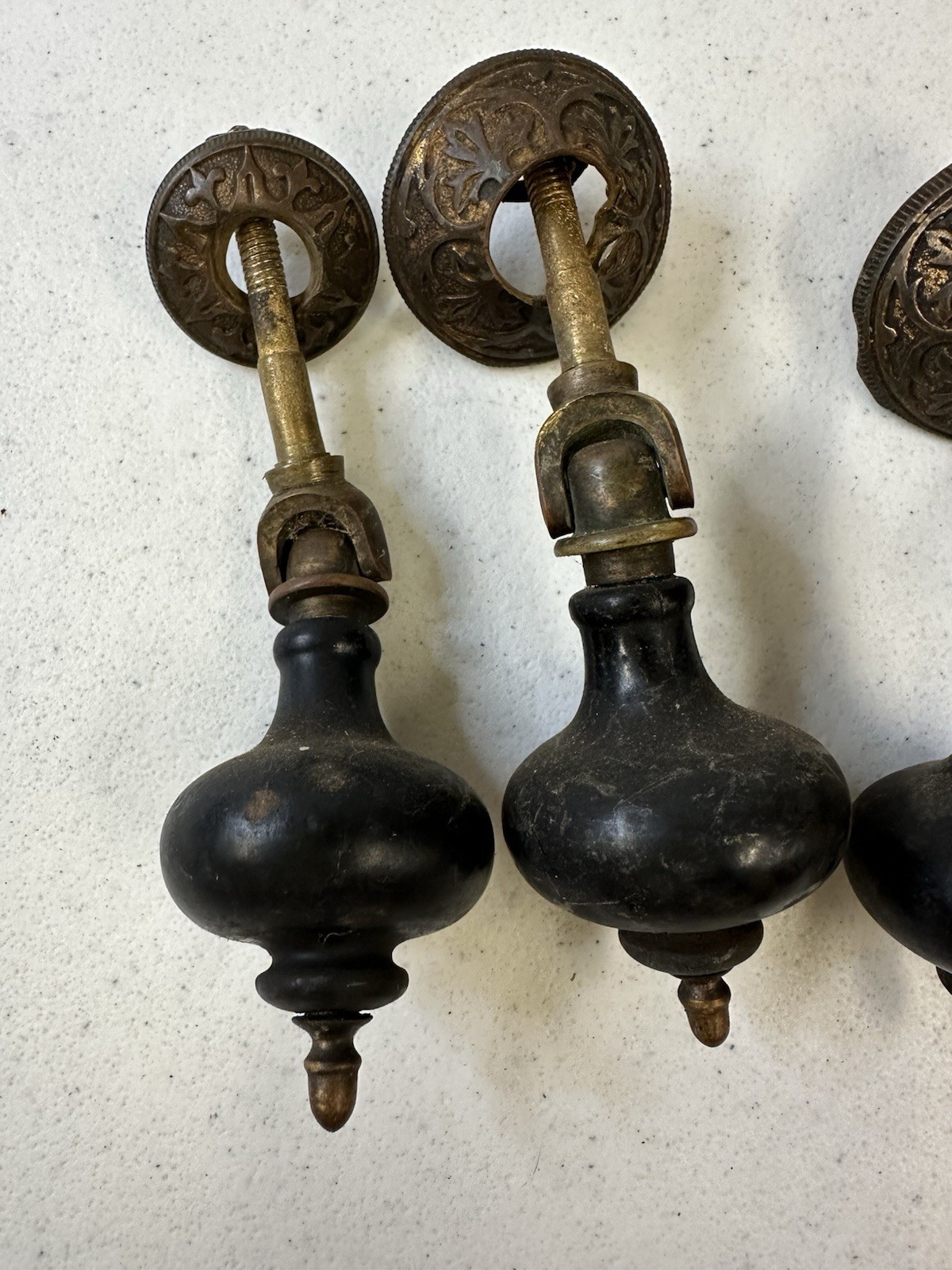 Antique Victorian Eastlake Teardrop Pulls – Set of 6 Black Wood & Ornate Brass