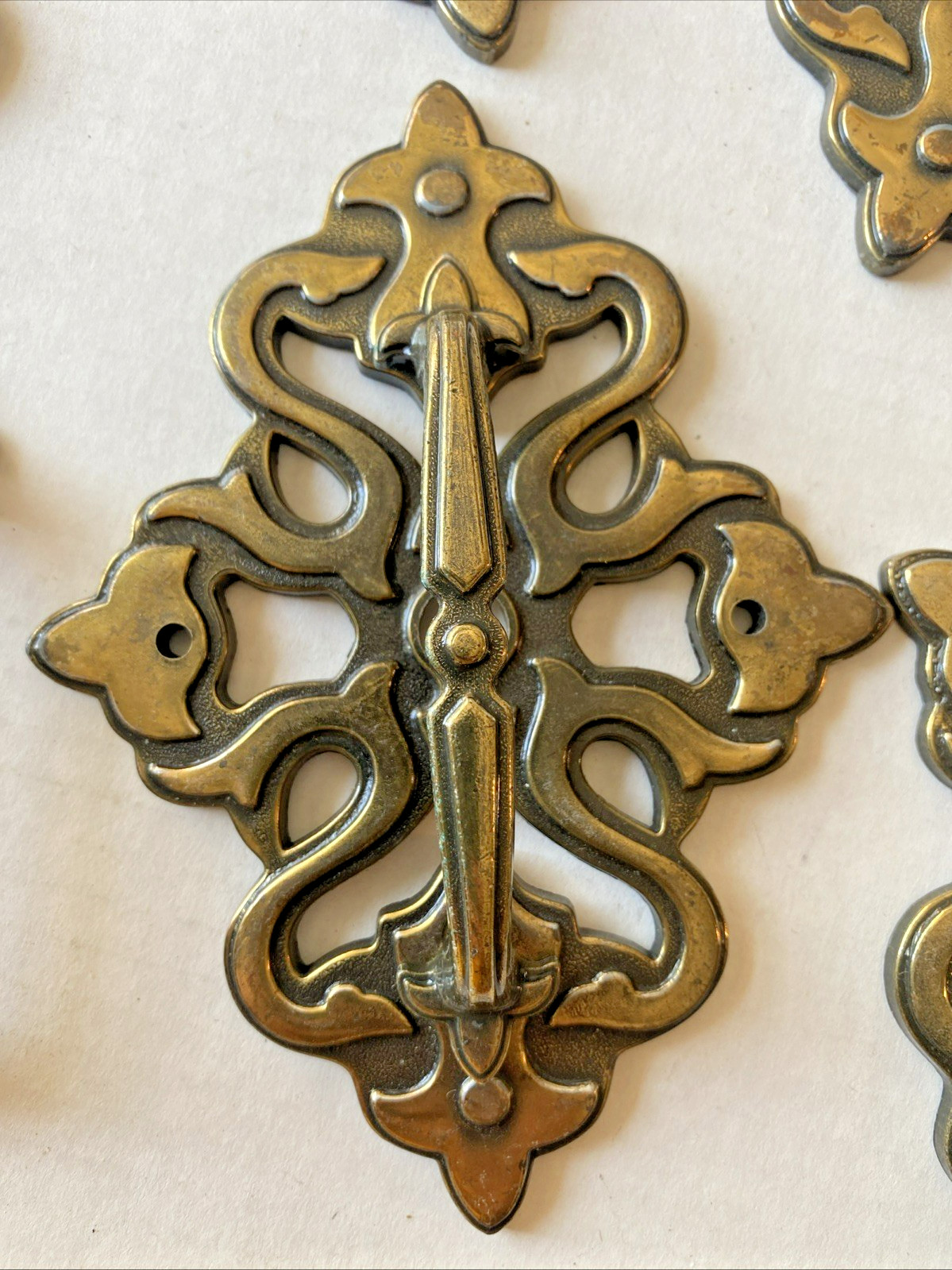 Vintage Brass Pulls Handles with Backplates Cabinet Drawers Hardware Ajax