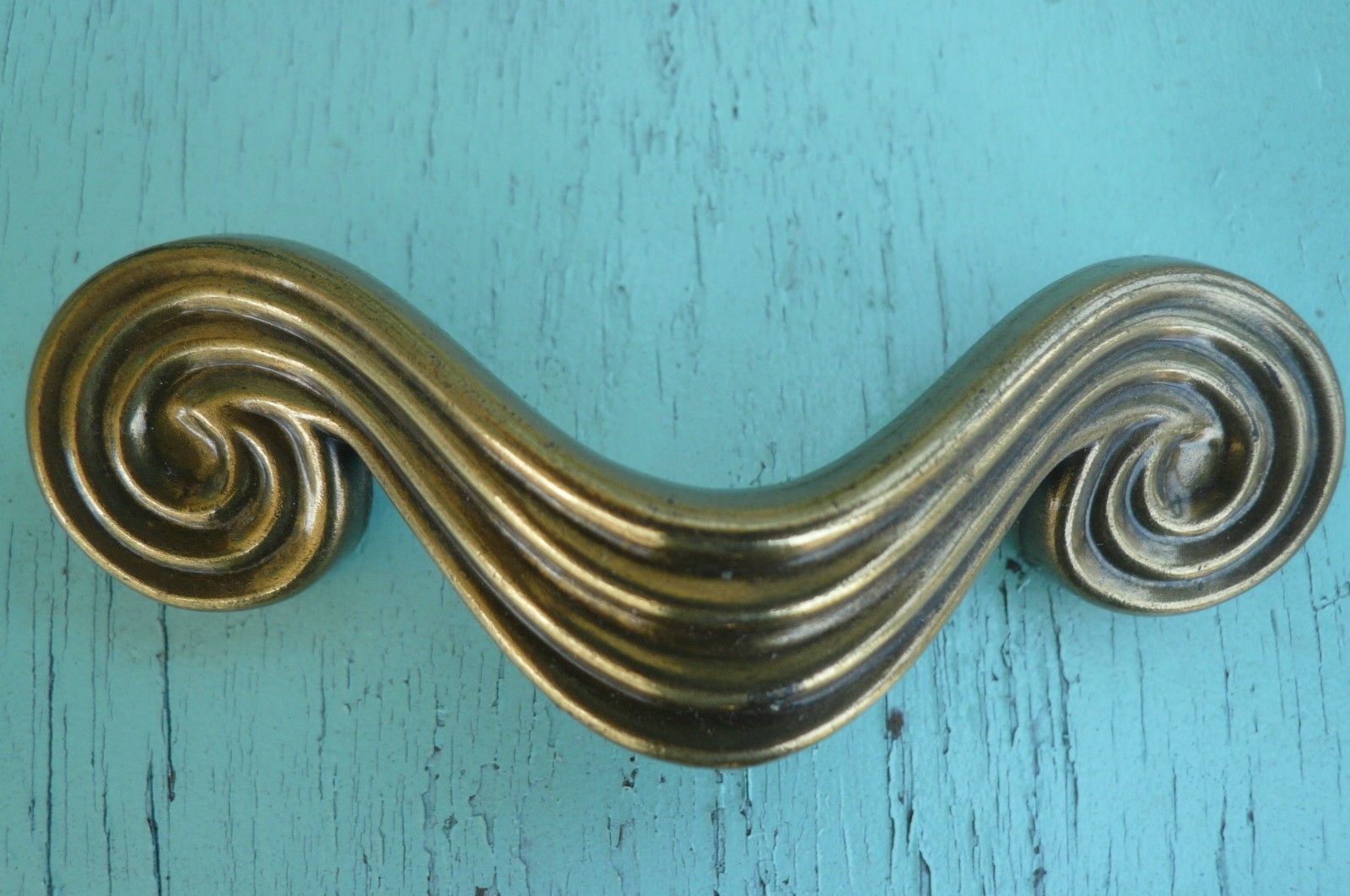 Vintage Art Deco Waterfall Curvy KBC Brass Handle Pull Original Patina