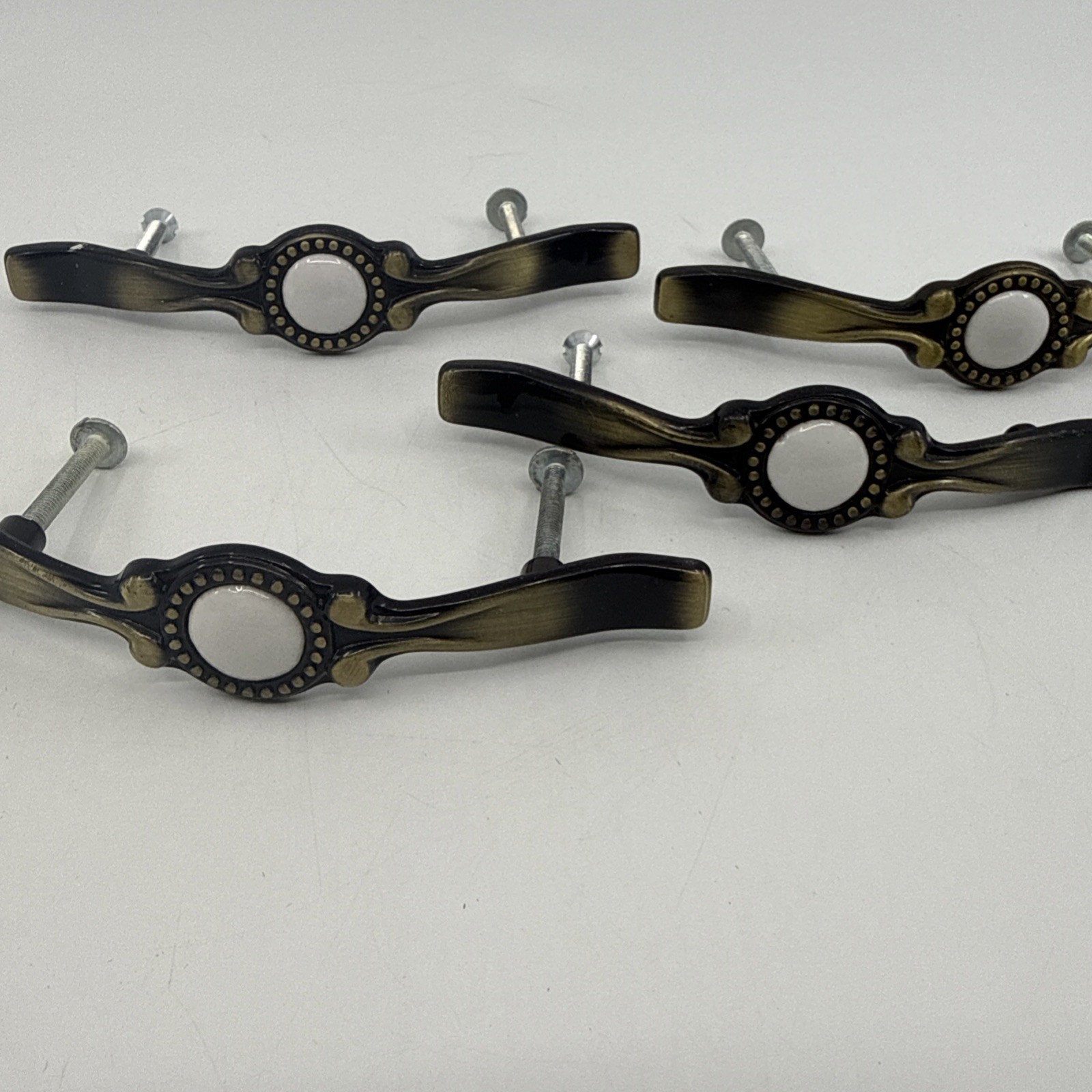 Vintage Brass Tone Drawer Pulls Ceramic Centers 5” Long Set Of 4