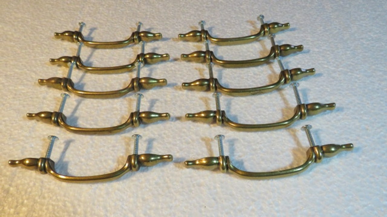 10 Vintage Amerock 63898, Brass Drawer Pulls Handles 3″ Centers, WITH Screws,