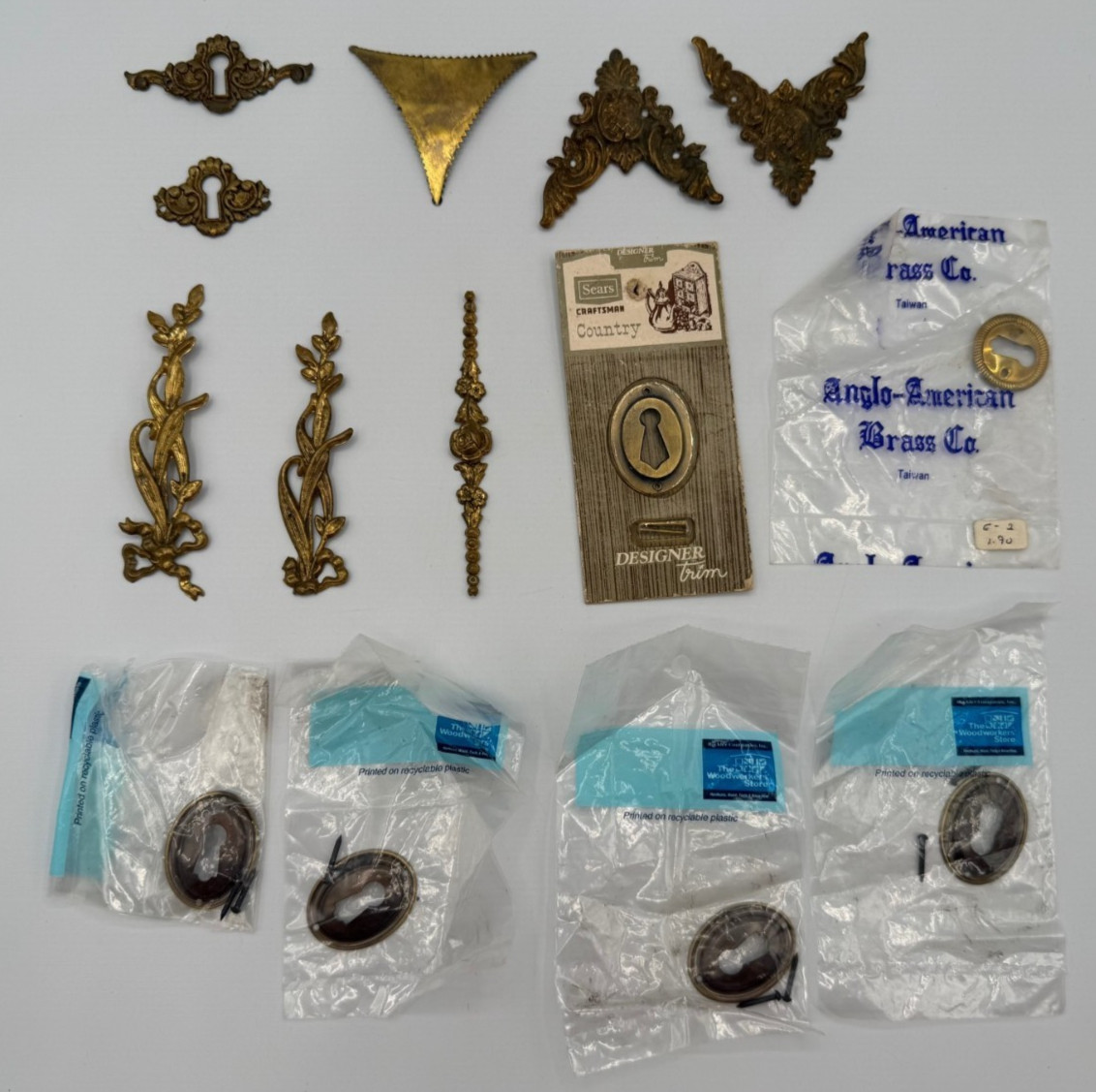 Vintage Lot Metal Furniture Appliques and Keyhole Decorations, New and Used.