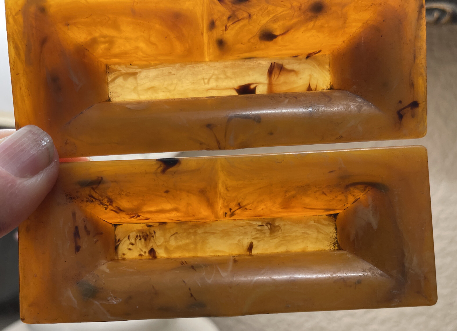 Vintage Celluloid Amber Marbled Drawer Handles Brown White Streaked Rectangular