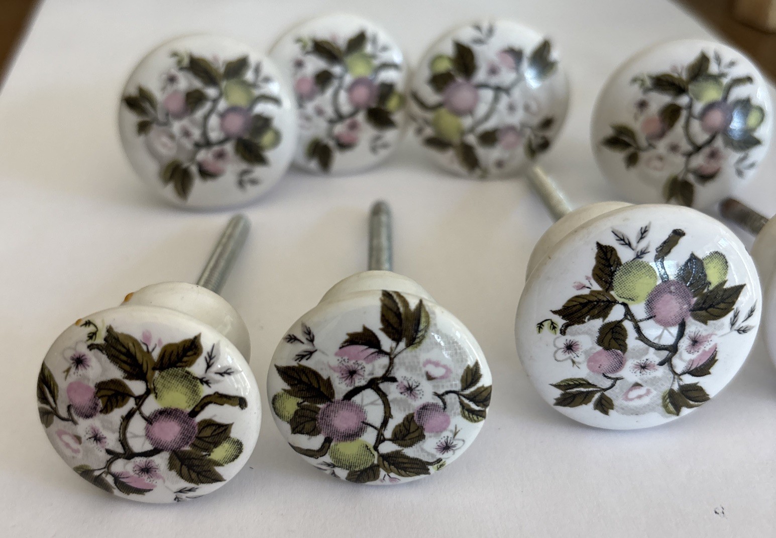 Vtg Porcelain Pulls/Knobs, White Painted Cherry Blossom Floral Design~Lot of 8