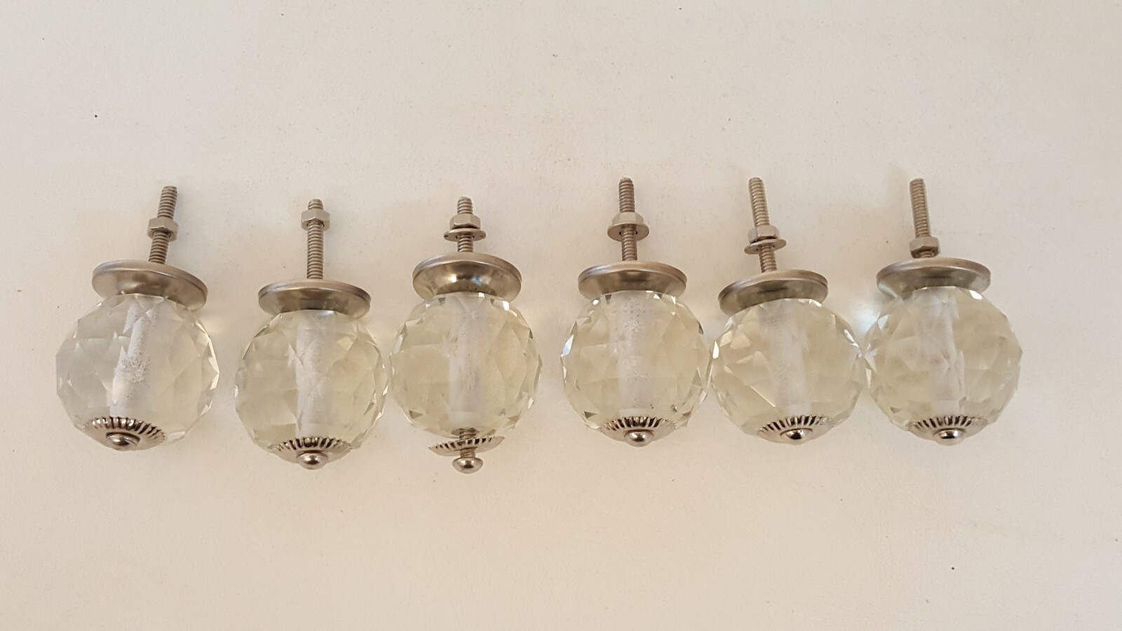 6 FACETED CUT GLASS DRAWER PULLS CLEAR MATCHING LARGE 1 3/4″ WIDE BALL