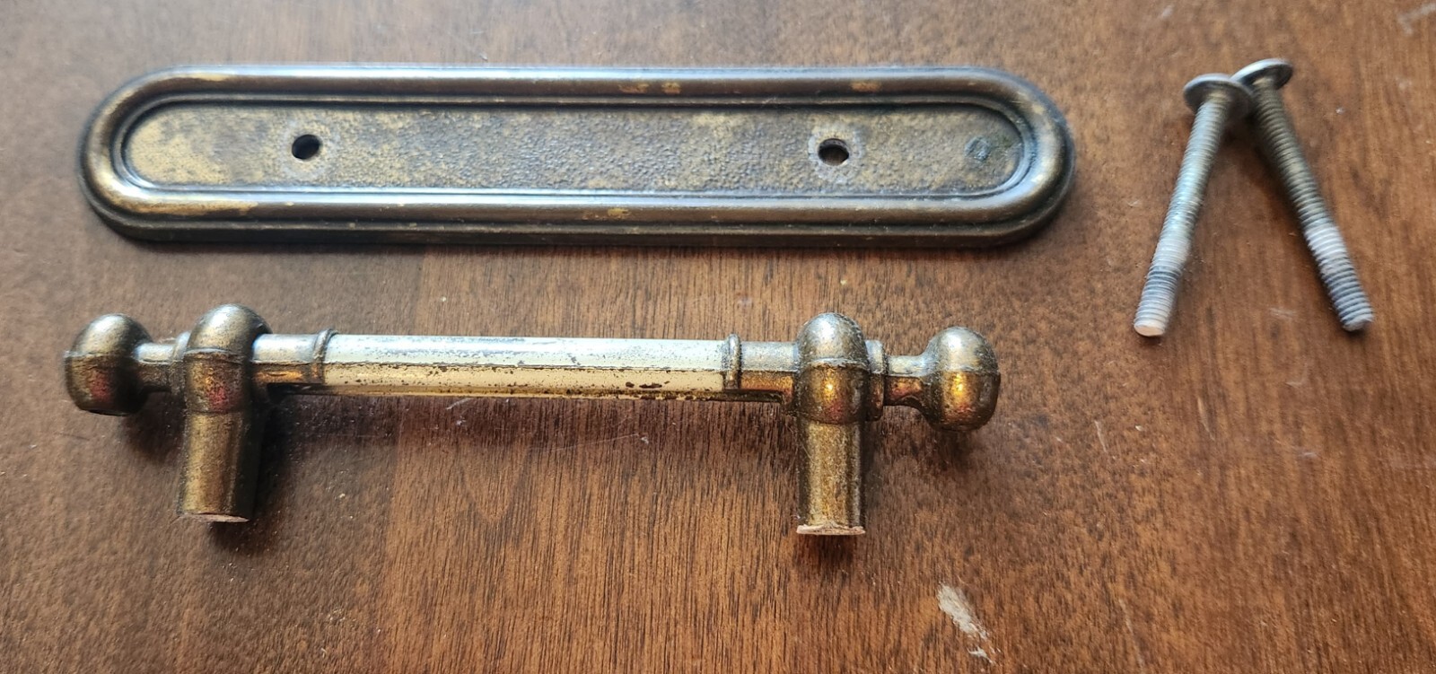 Vintage Amerock 744-1 Shabby Antique Brass Cabinet Door Pull & Backplate