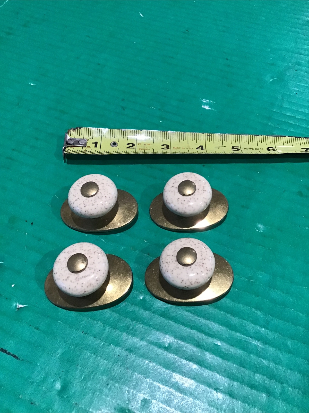 Lot of 4 Keeler Brass N1085 Oatmeal Porcelain Pull Knob Raised Oval Backplate