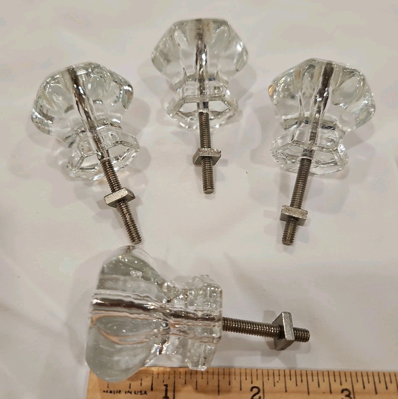 Set of 4 Rare Vintage Clear Glass Knobs Cabinet Drawer Hardware Rounded Hexagon
