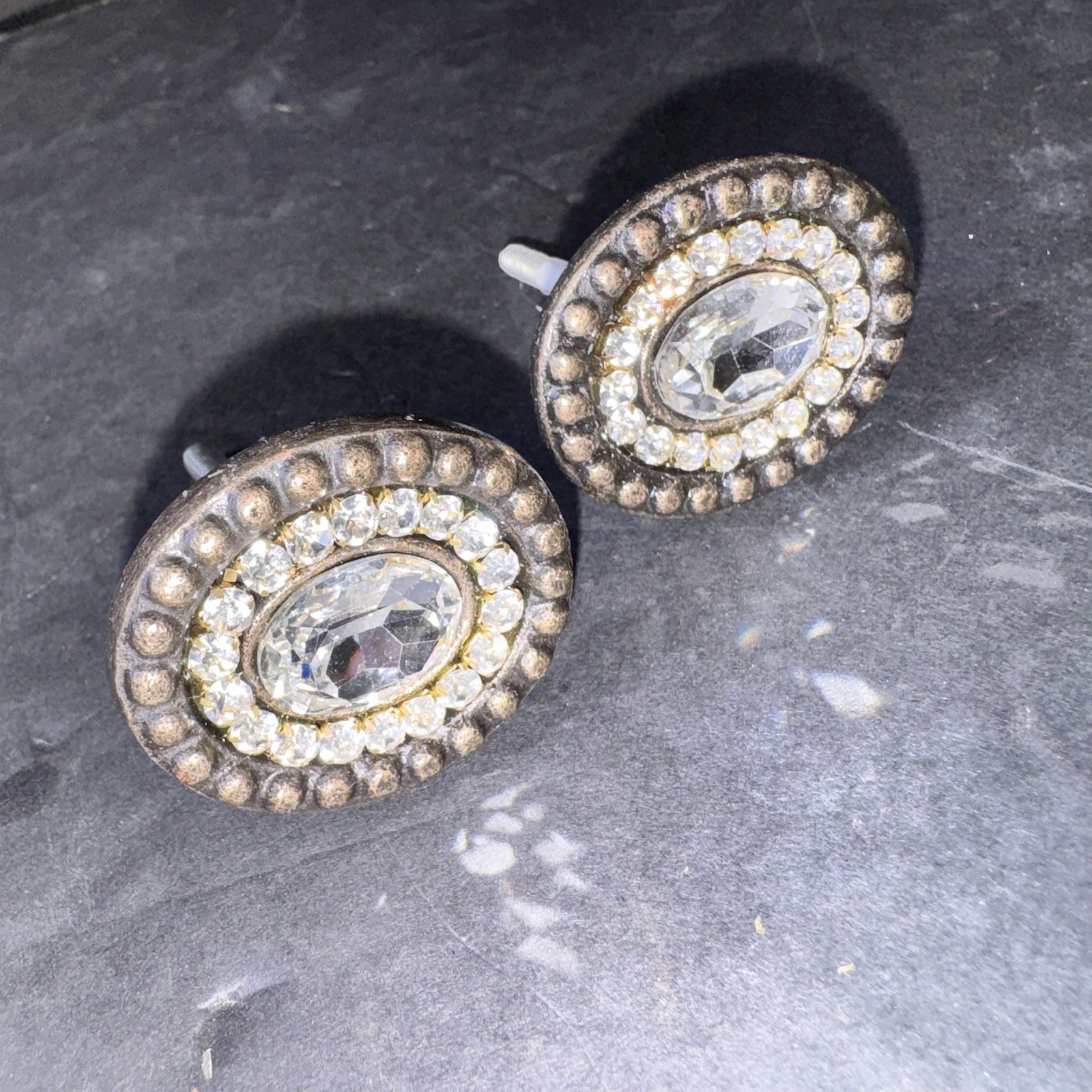 Set of 2 Vintage Rhinestone Oval Drawer Knobs Pulls Bronze Tone Cabinet Hardware