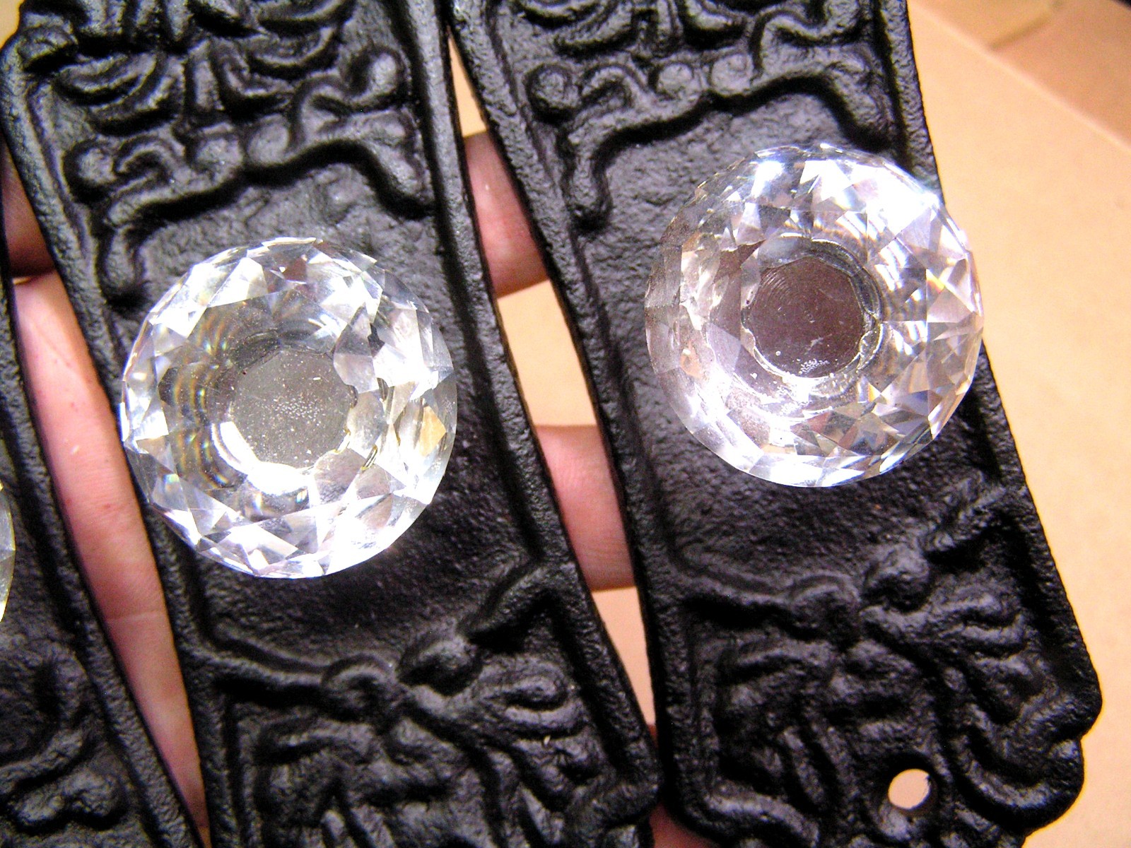 Four Glass Crystal Style Knobs, Black Cast Iron Backplate, Old Style Hardware