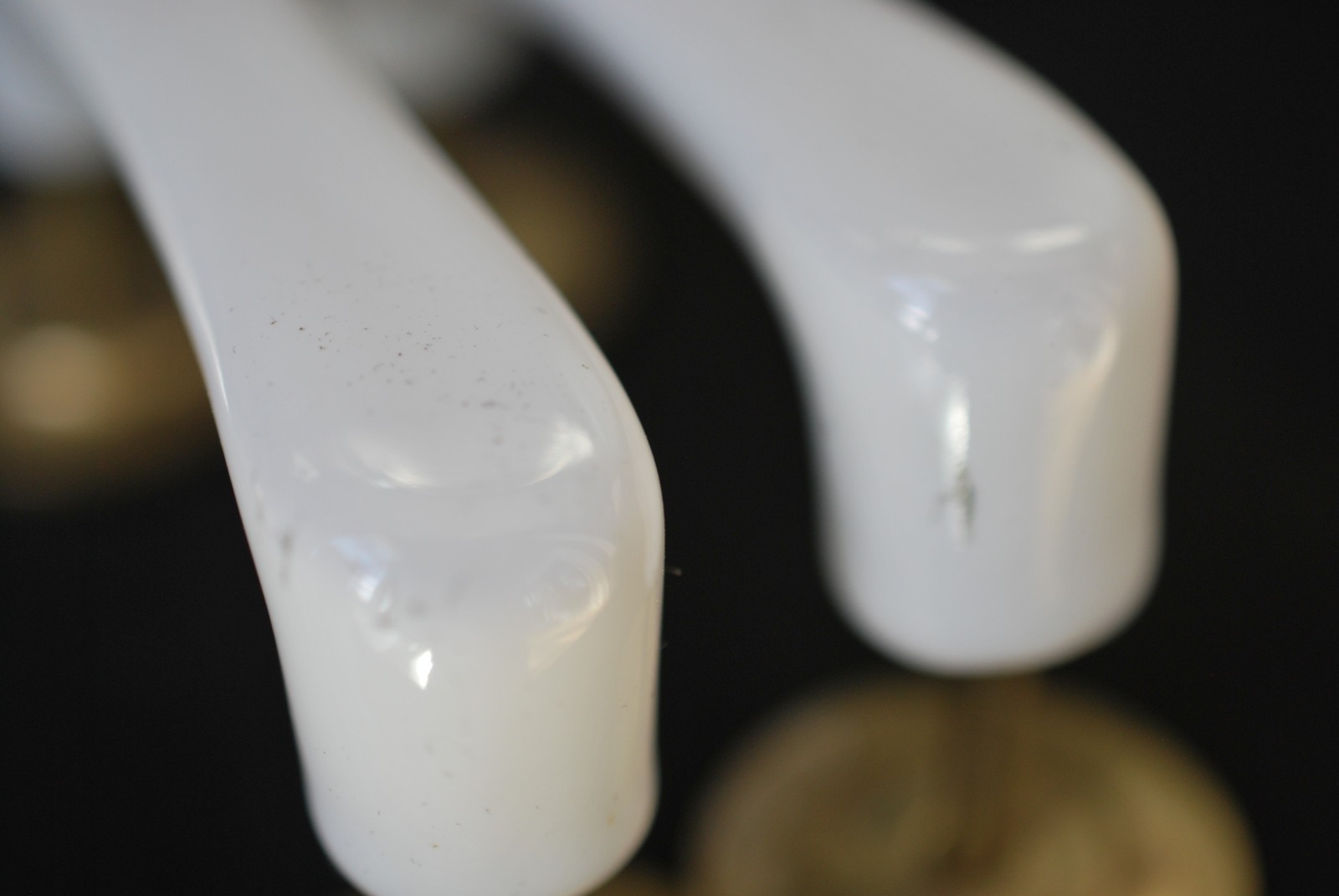 Lot of 8 Vintage White Heavy Ceramic Drawer Pulls With Sturdy Brass Eschutcheons