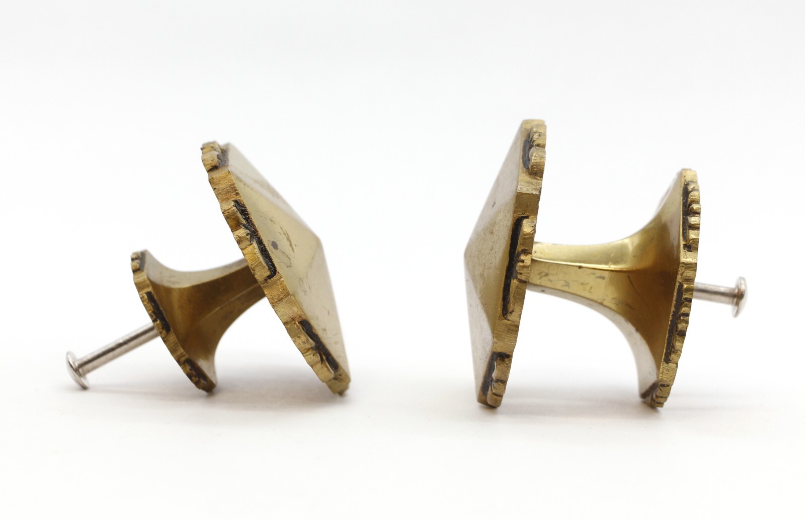 Pair of Vintage 2.25 in. Hexagon Scalloped Brass Cabinet Drawer Knobs