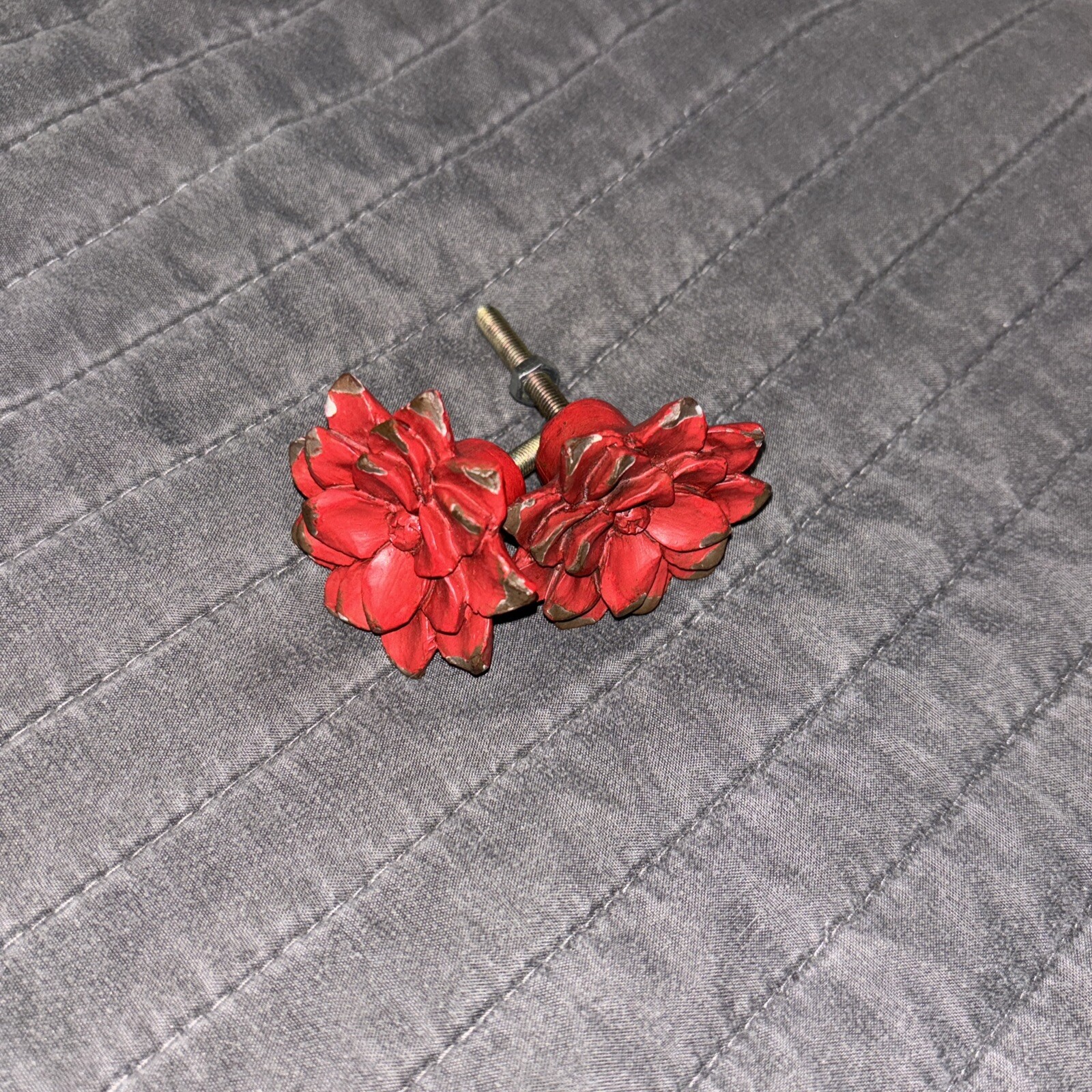 Distressed Red Flower Floral Handle Cabinets Knob