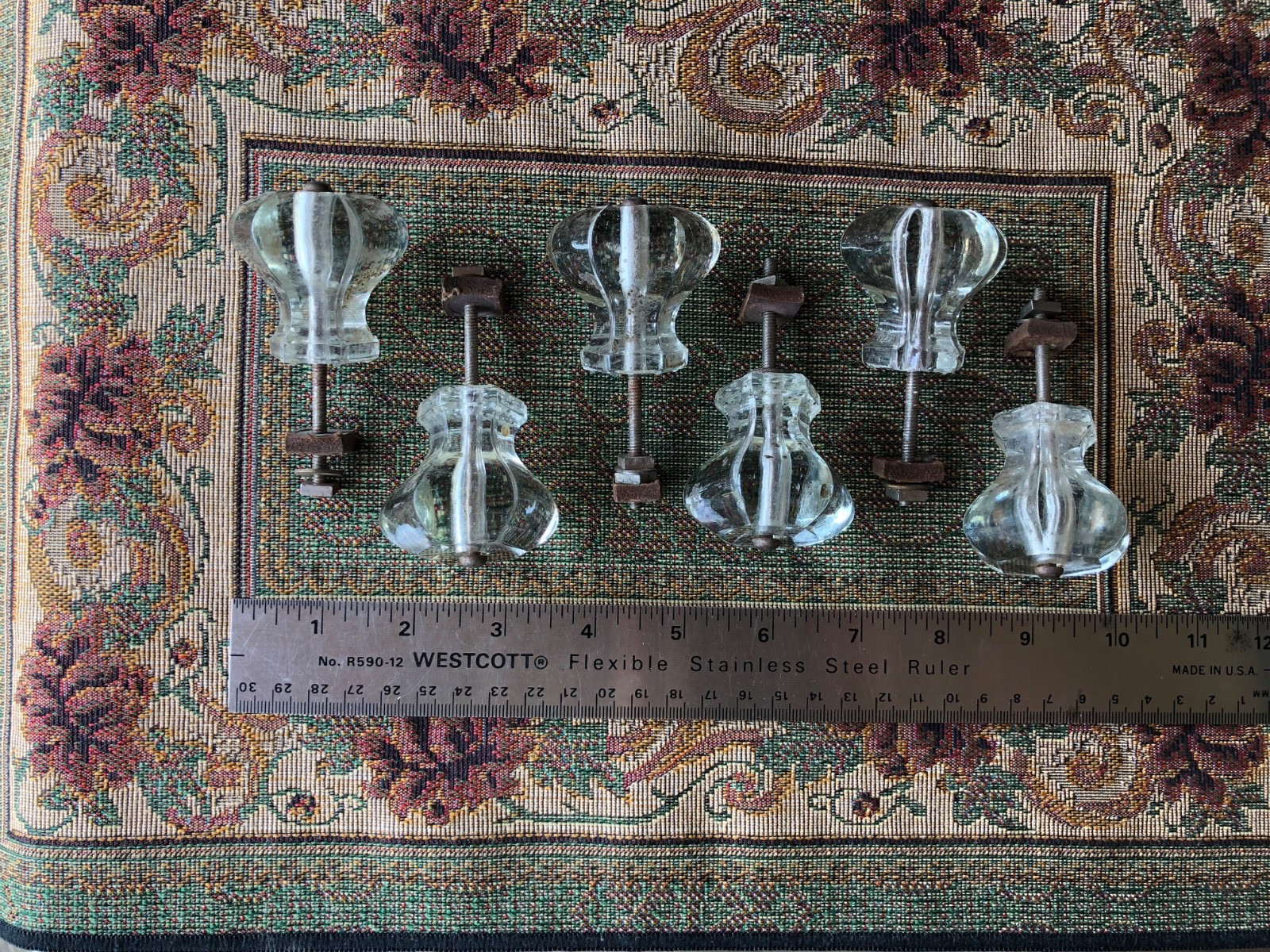 Lot of 6 Vintage 6~Sided Hexagonal Clear Glass Drawer Knobs 1.5″ w/ Hardware