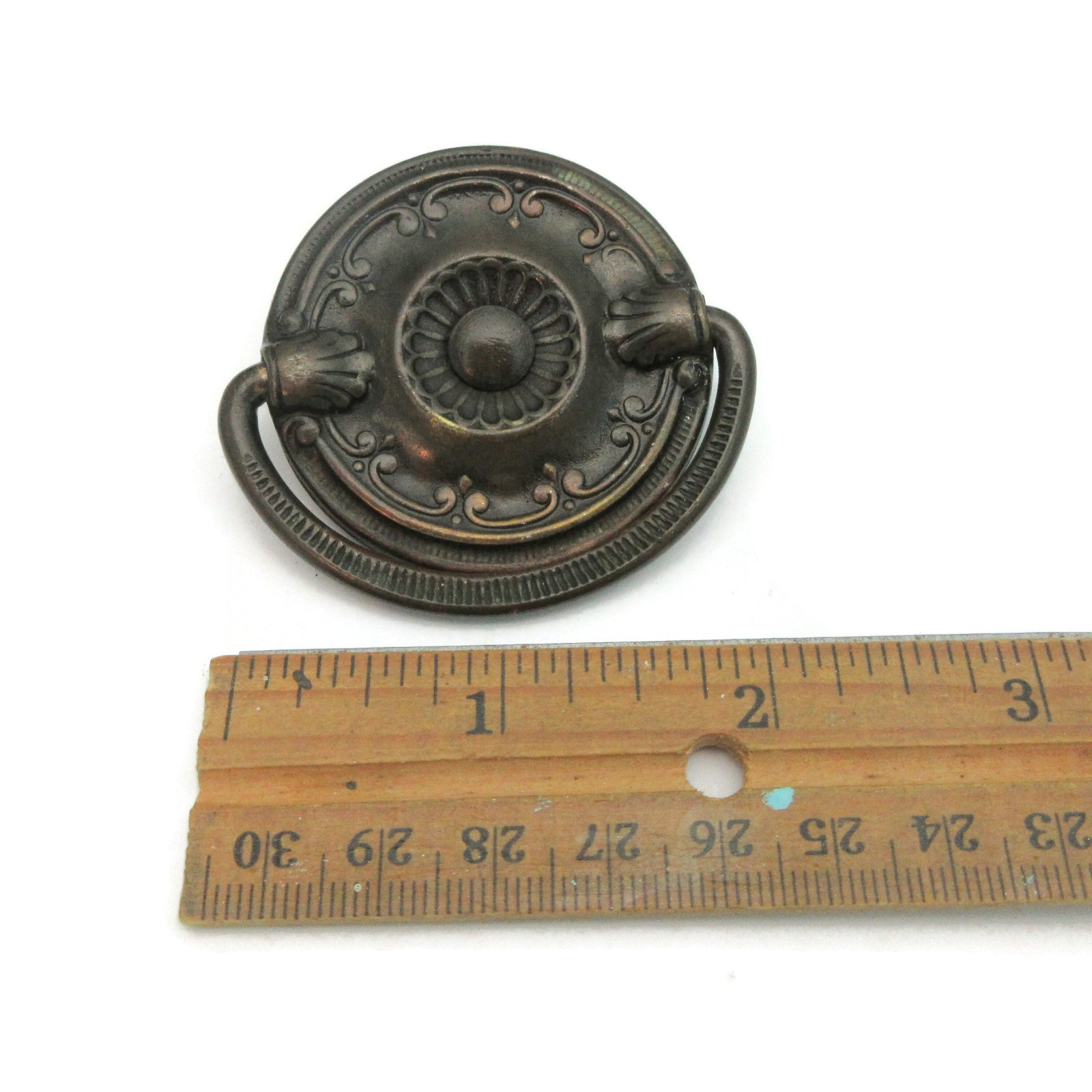 Vintage Ring Drawer Pull Ornate Handle Brass Tone Pressed Metal Round LV13a