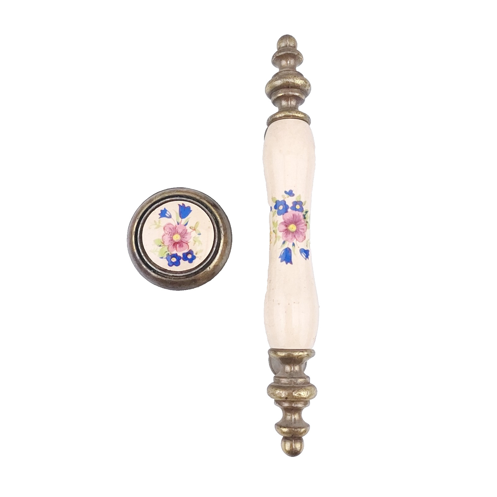 1960s Floral Beige Porcelain Brass End 3″ Drawer Pull Handle & Rounds Nat’l Lock