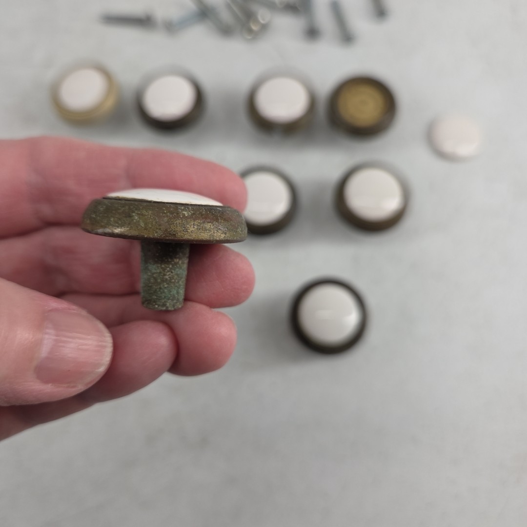 Vintage Lot of 11 Drawer Pull Knobs Round Handle Porcelain Brass