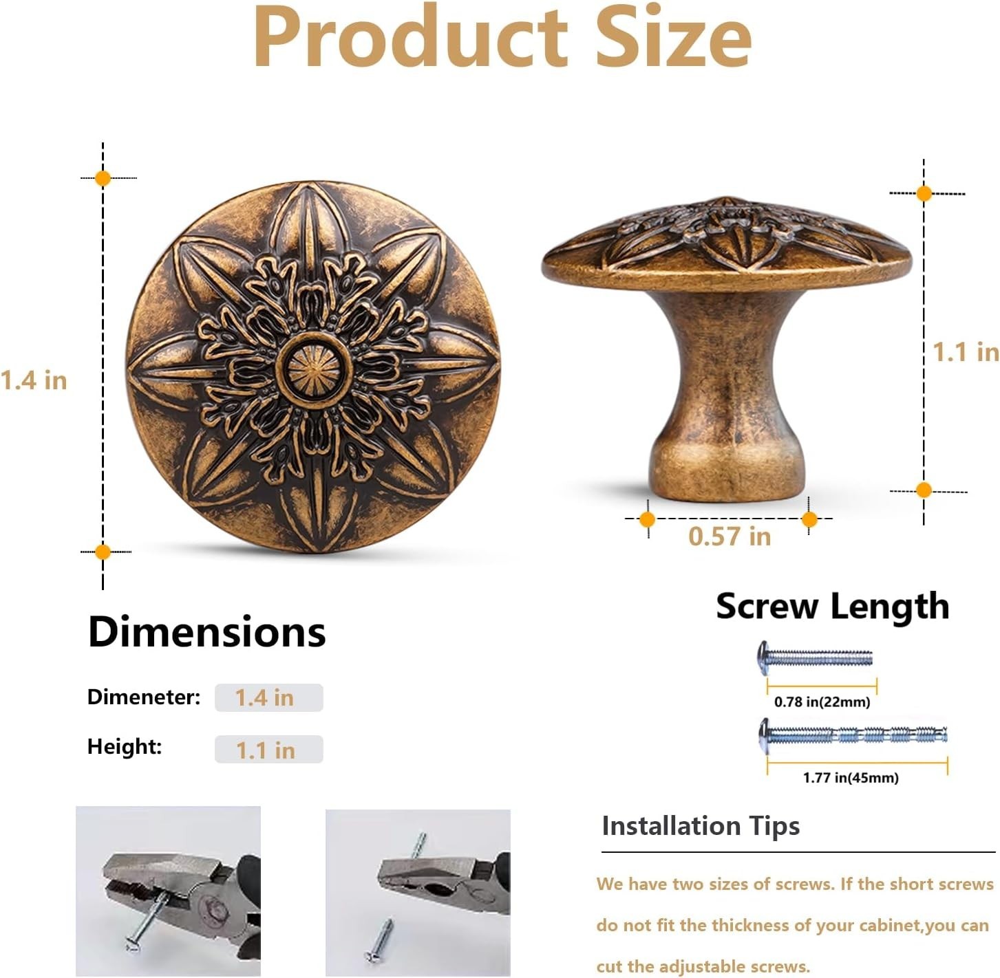 Vintage Antique Brass Knob Set, Floral Design – 10 Pack for Cabinets & Drawers