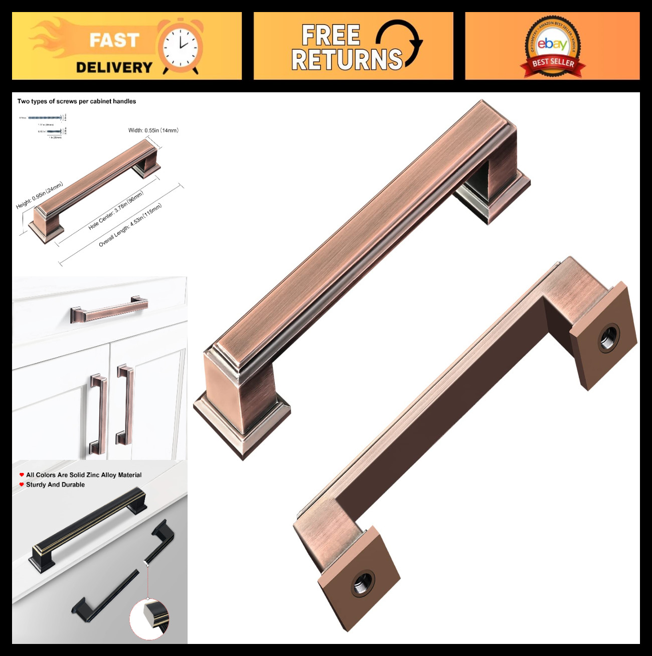 Brushed Antique Copper Cabinet Pulls & Knobs – 10 Pack, 3.75″ Square Zinc Alloy