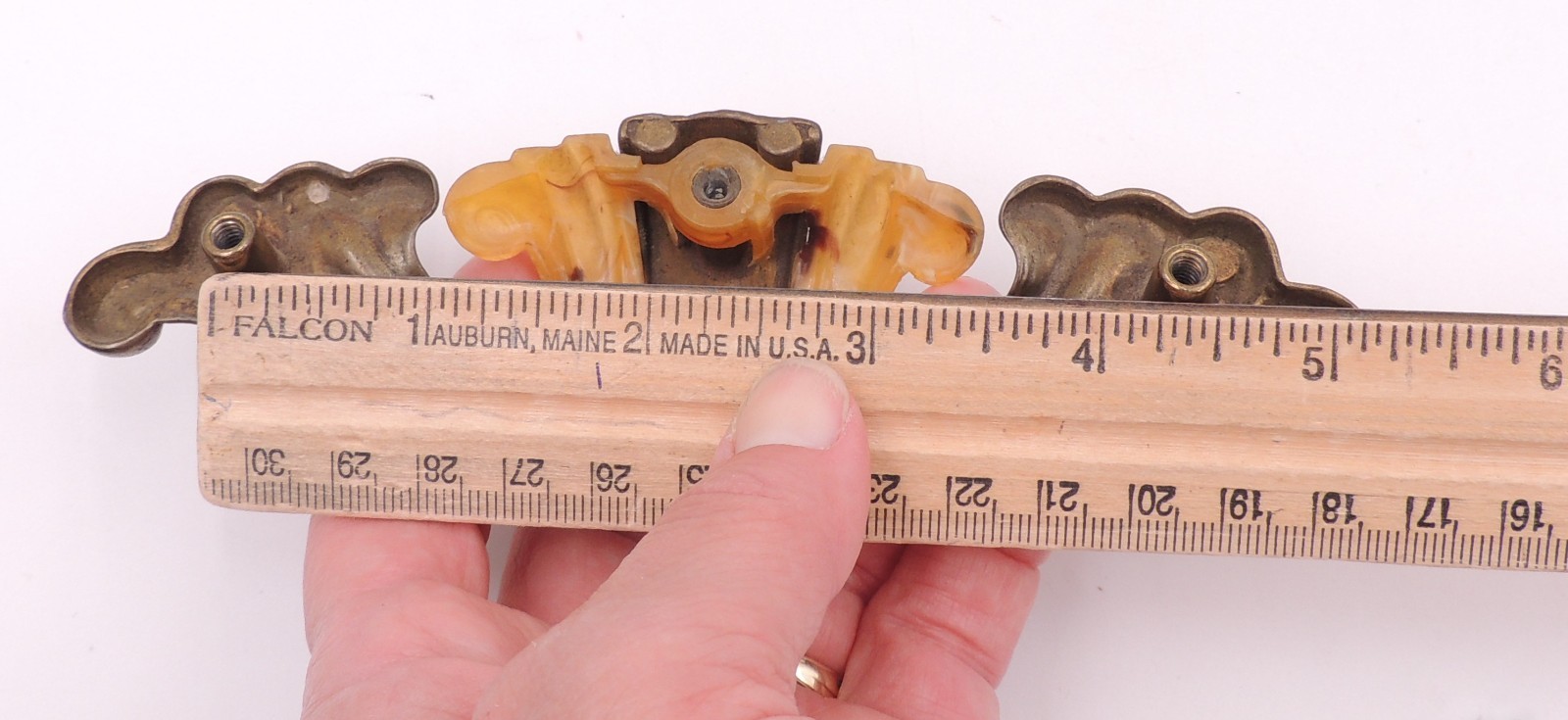 2 Art Deco Drawer Pull w/ Bakelite Vintage Knob Brasstone Waterfall Handle Set