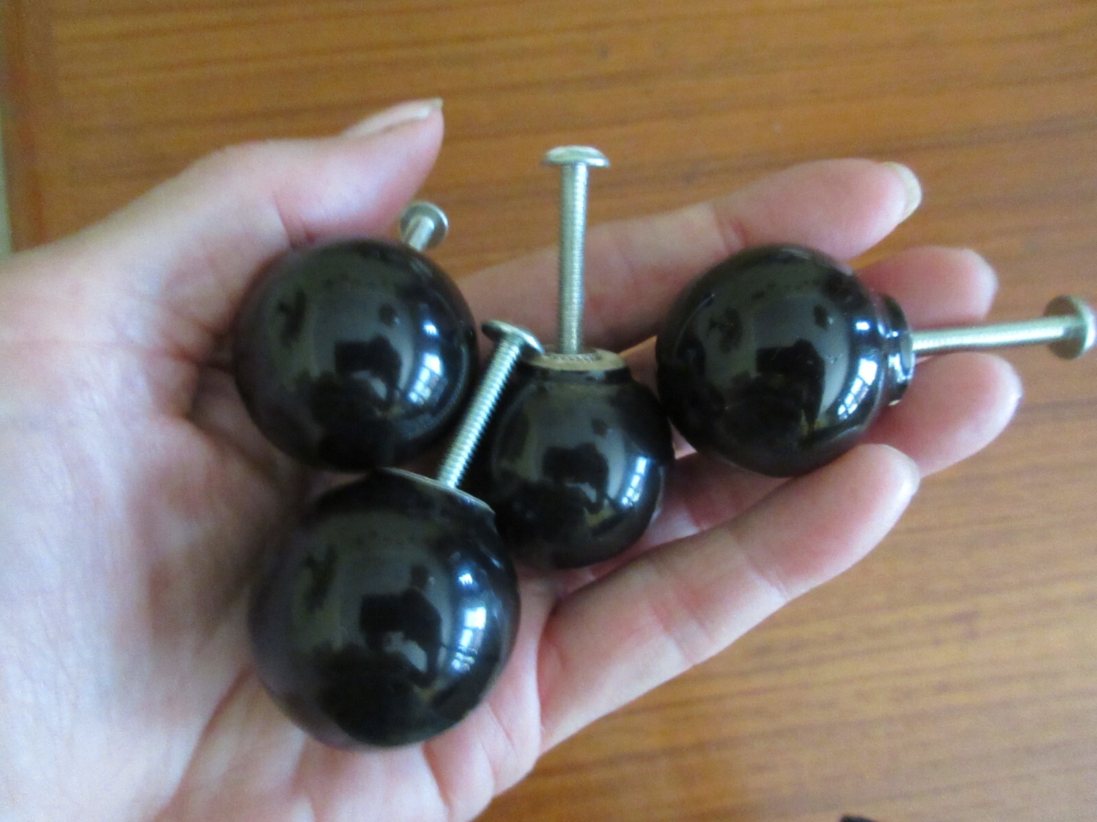 Vintage Retro MCM set of Four 1 1/4″ Round Ceramic Black Ball door drawer knobs