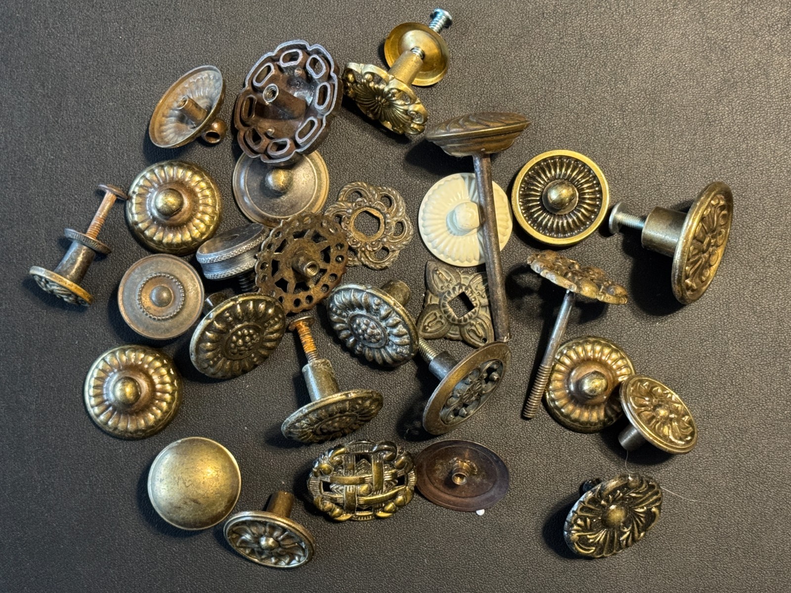 Lot 25 Vintage Antiqued Brass Furniture Drop Bail Drawer Pull Mounts/Backplates