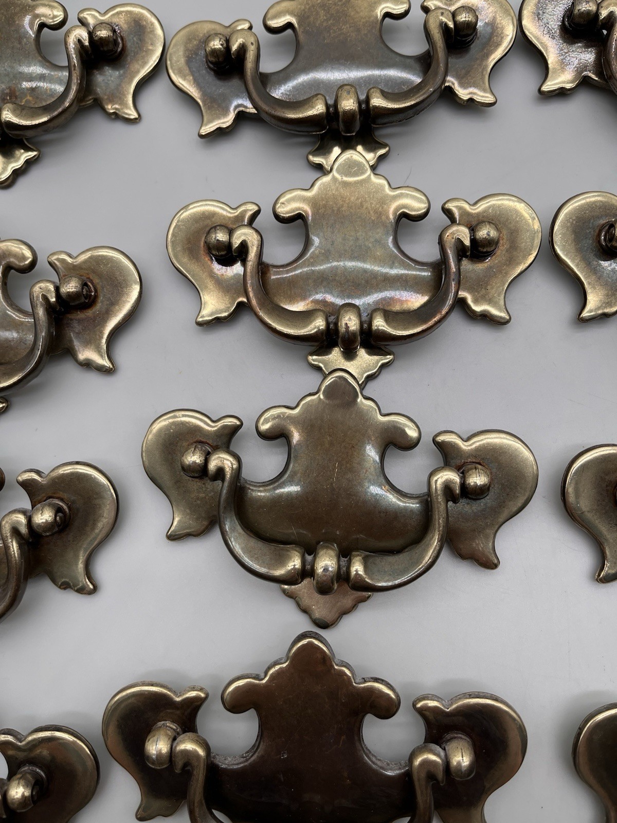 Set 22 Vtg Brass Chippendale Batwing Drawer Pulls Bail Handles & 6 Ring Pulls