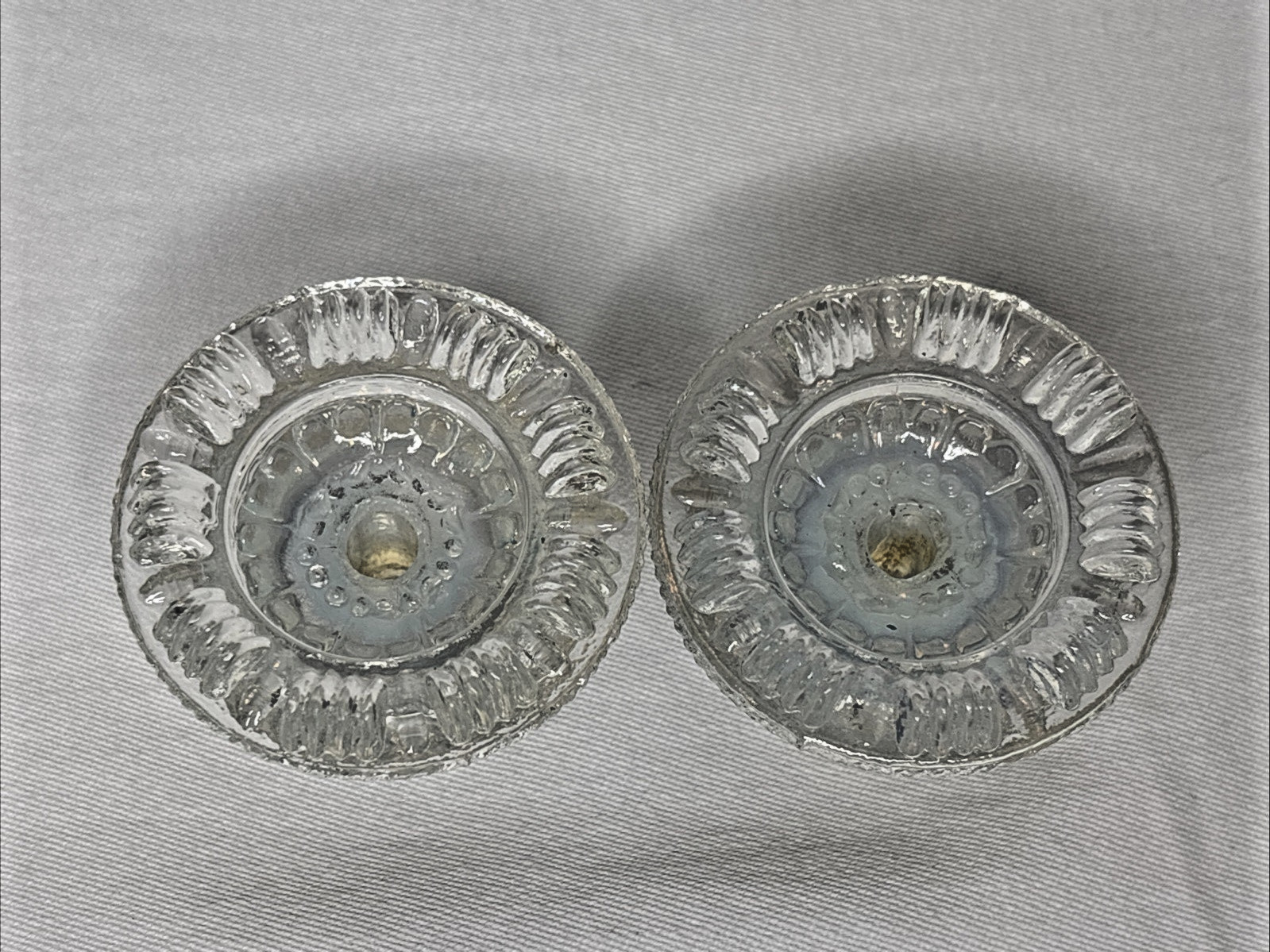 2 Antique Boston Sandwich Glass Floral Clam Broth Drawer Pulls 2” Iridescent