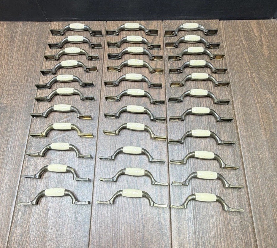33 Allison Vintage Brass White Porcelain Cabinet Pulls Drawer Handles 5 1/4″