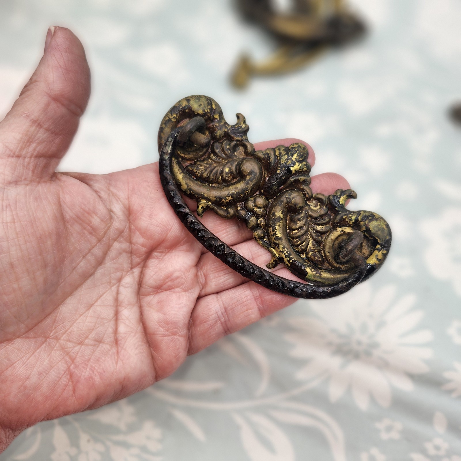 Brass Victorian Handle Antique Ornate drop bail Pull back plate stamped