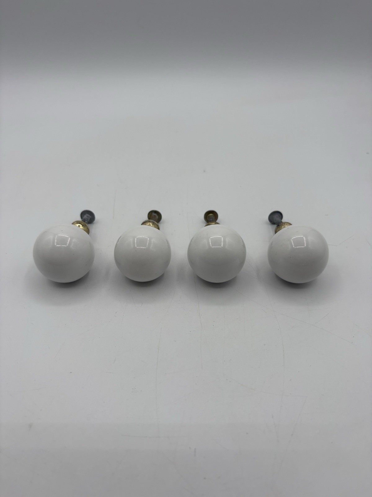 Vintage White Porcelain Ceramic Ball Drawer Pulls Brass Cabinet Knobs Lot of 4