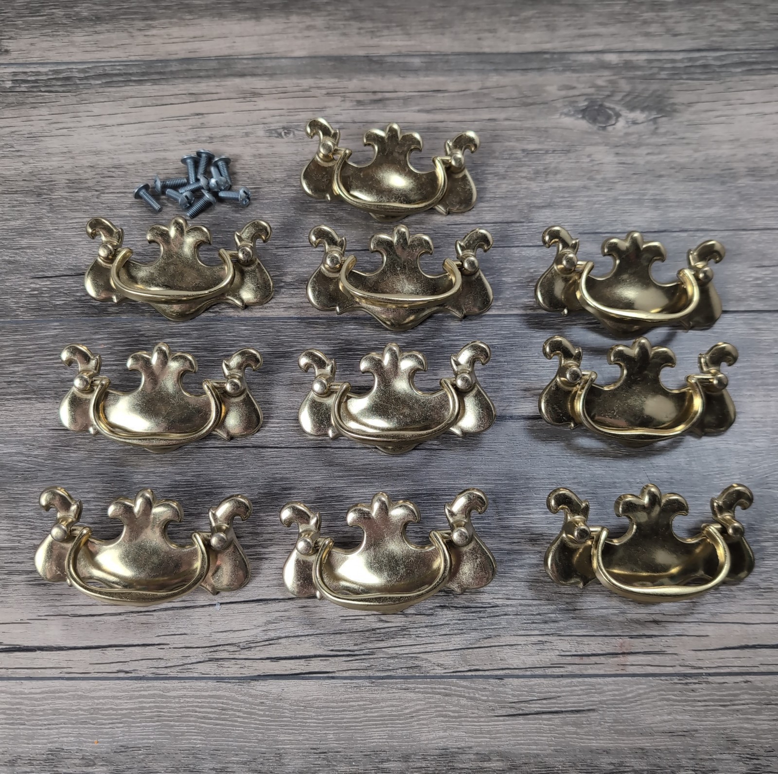 VTG Chippendale Brass Drawer Drop Bail Pull Handles 3-1/4″ Center 10 w/Screws