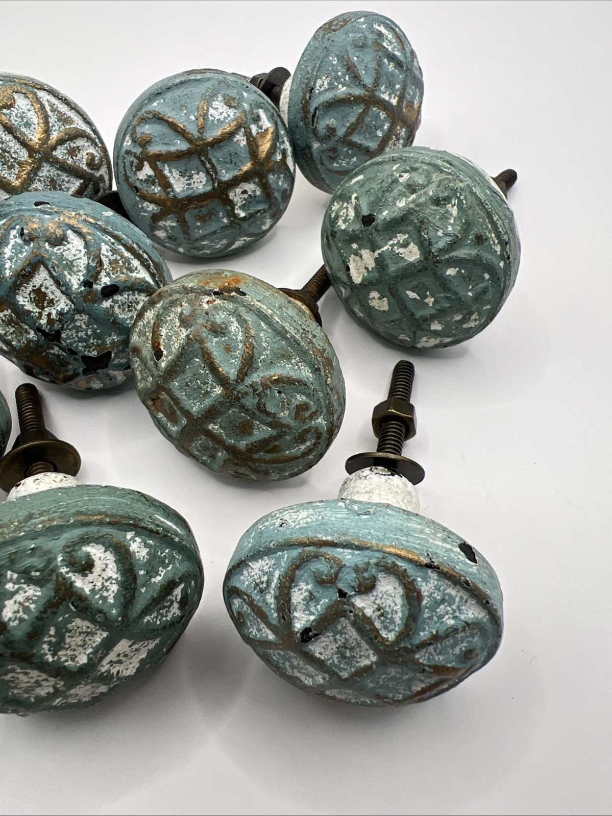 9 Vtg Drawer Pulls Knobs Shabby Distressed Turquoise White Brass Tone Hardware