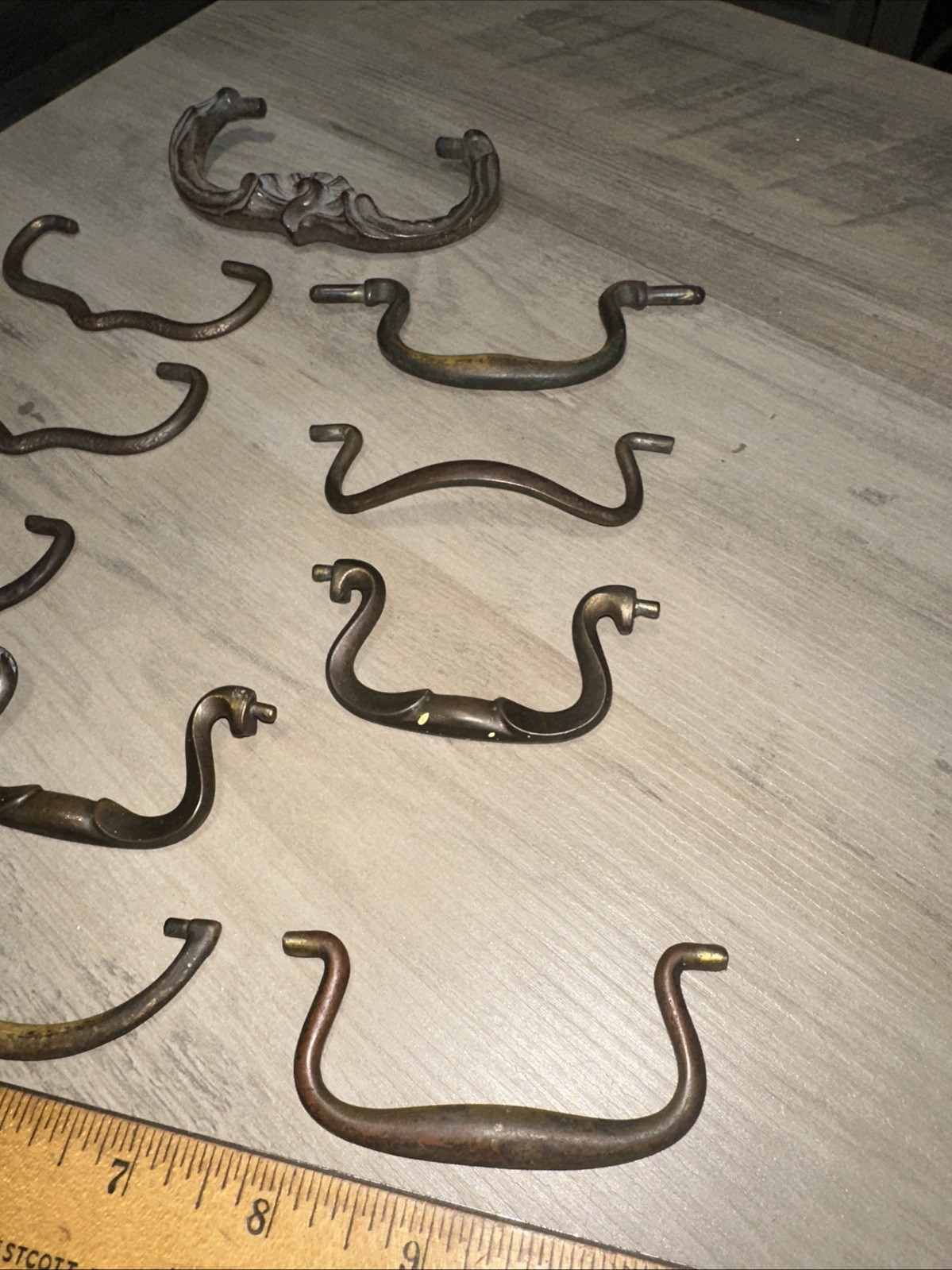 11 Old Drawer Pull Handles Nice Variety, Brass & Steel Vintage