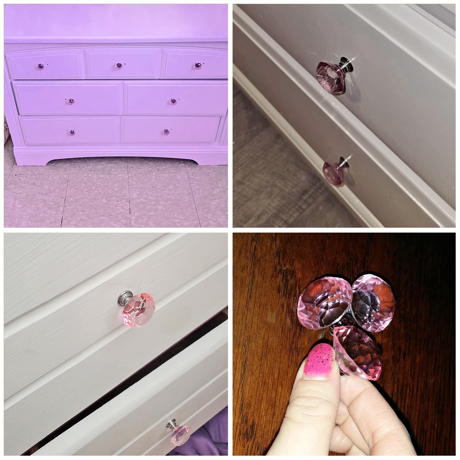 6 Pack Pink Crystal Cabinet Knobs 1.2″ Diamond Glass, Girl Vanity Desk Handle…