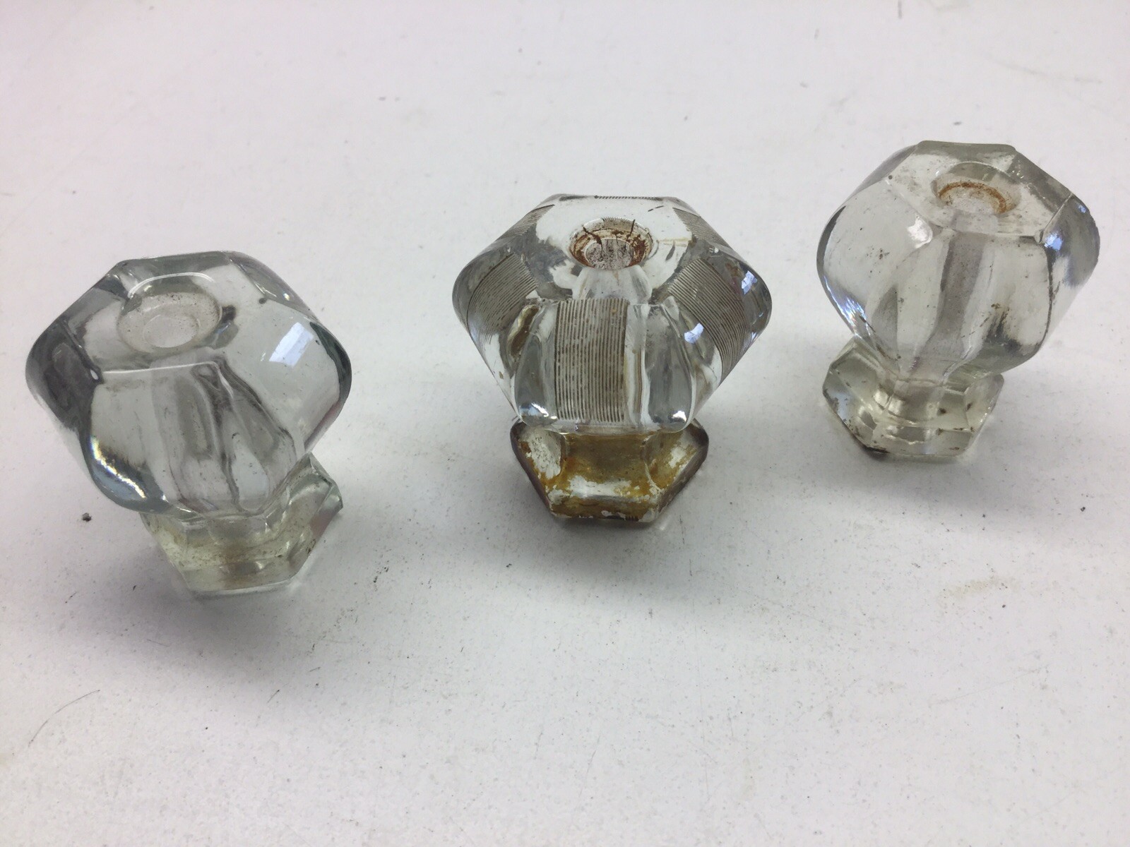 3 Vintage Hexagon Glass Knob Drawer Pulls One Etched