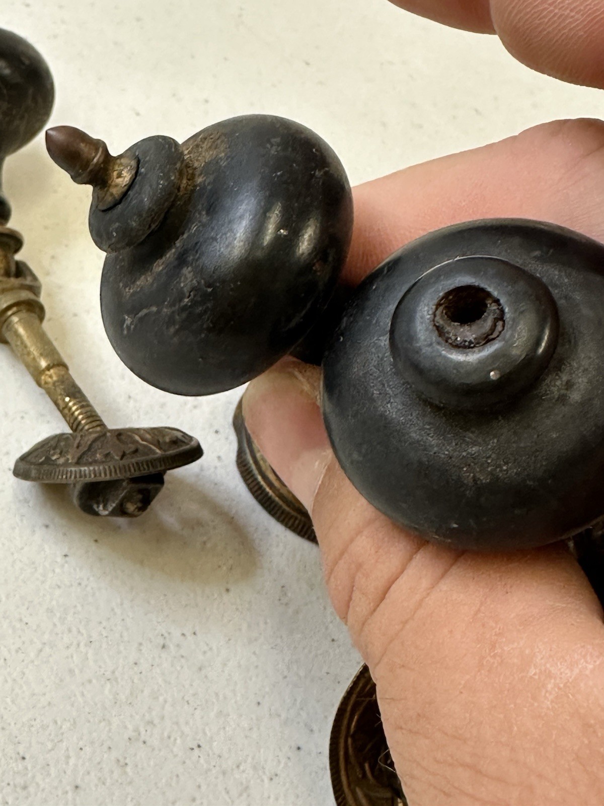 Antique Victorian Eastlake Teardrop Pulls – Set of 6 Black Wood & Ornate Brass